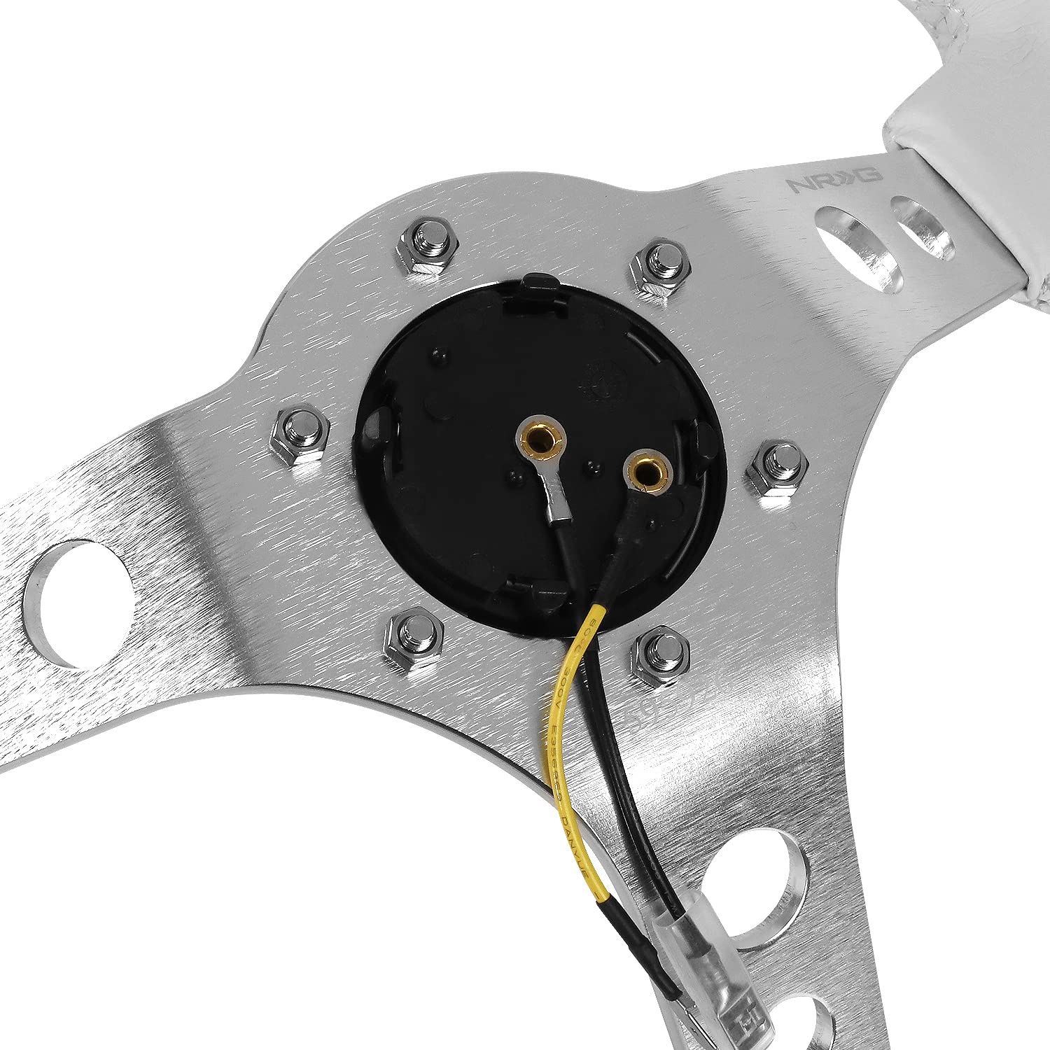 NRG Innovations Reinforced NRG-RST-006WT-Y Steering Wheel 350mm Sport Steering Wheel (3" Deep), Silver Spoke with White Leather Finish and White Stitch