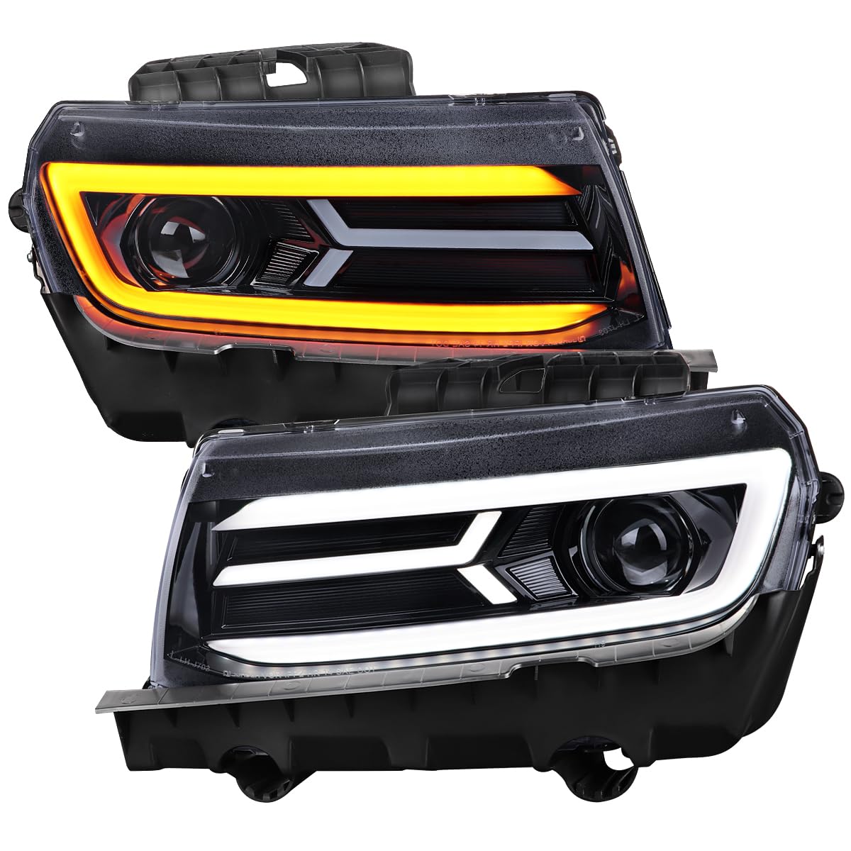 Glossy Black Smoke SPEC-D TUNING Projector Headlights w/Switchback and Sequential Turn Signals Compatible with 2014-2015 Chevy Camaro, Left + Right Pair Headlamps Assembly