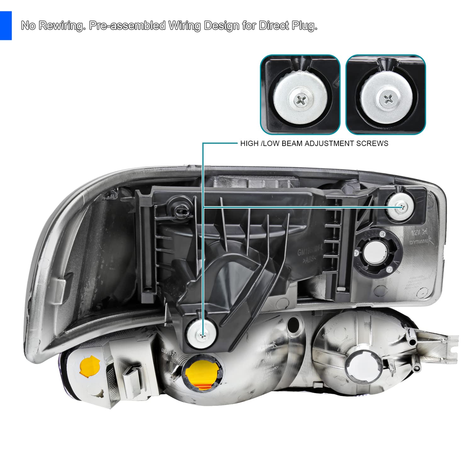 Chrome Headlights + Spec-D Tuning Bumper Lamps Compatible with 2000-2006 GMC Sierra 1500 2500 Yukon XL Denali, Left + Right Pair Assembly