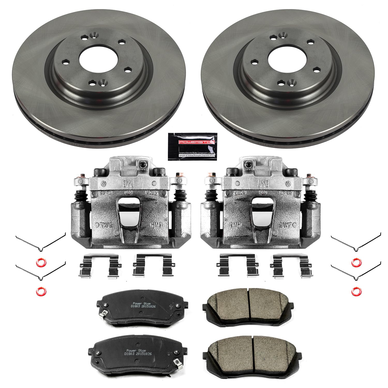 Power Stop KCOE6982 Front Brake Kit-Drilled/Slotted Rotors, Ceramic Brake Pads & Calipers Stock Replacement For Hyundai Sonata 2015 [Model Specific]