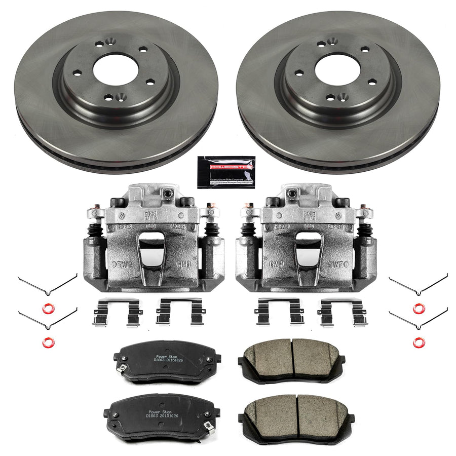 Power Stop KCOE6982 Front Brake Kit-Drilled/Slotted Rotors, Ceramic Brake Pads & Calipers Stock Replacement For Hyundai Sonata 2015 [Model Specific]