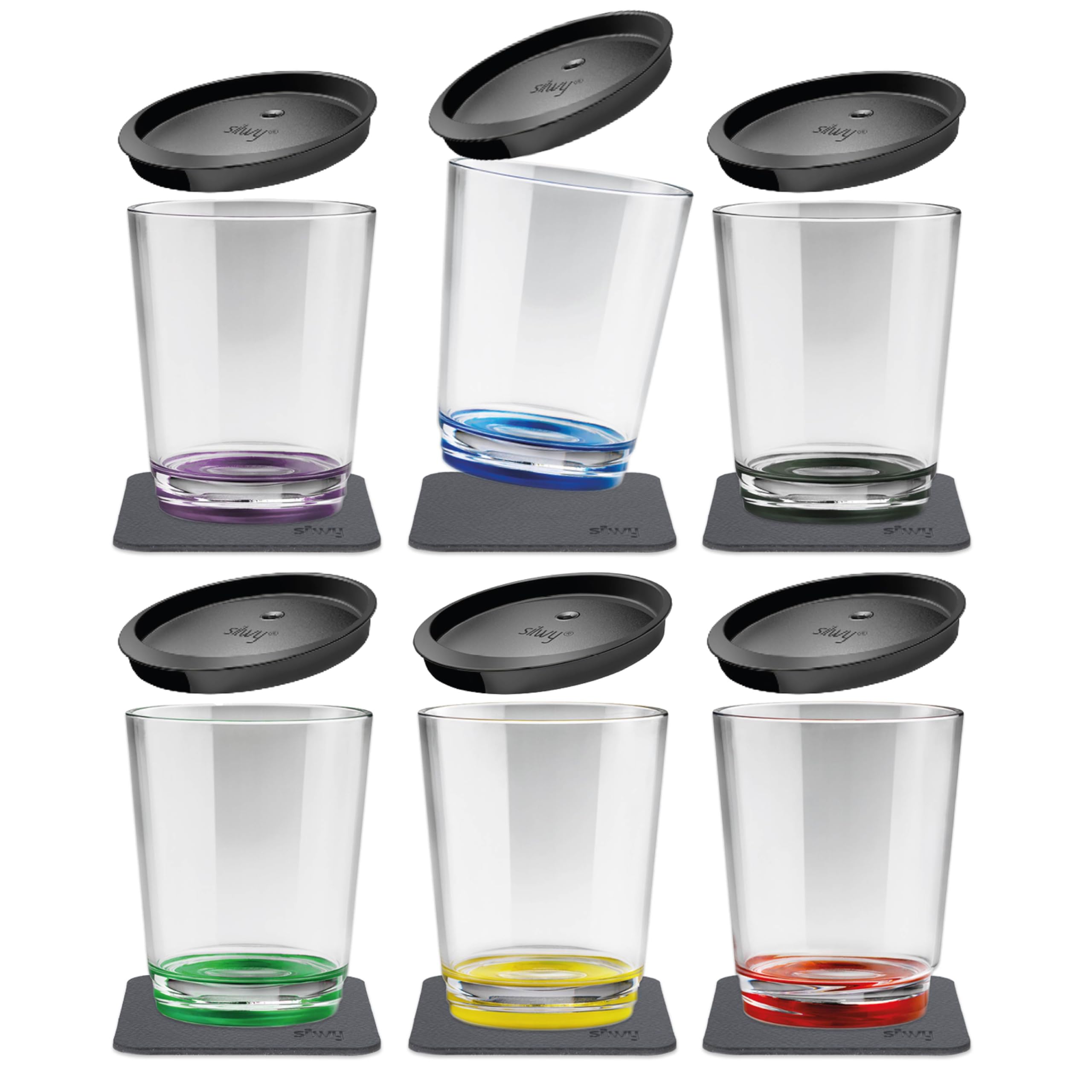 Multicoloured Silwy® Magnetic Drinking Cups (Set of 6), BPA-Free (Tritan) Includes Six Leak-Proof Lids with Integrated Straw Opening and Six Reusable, Washable Metal Nano Gel Pads