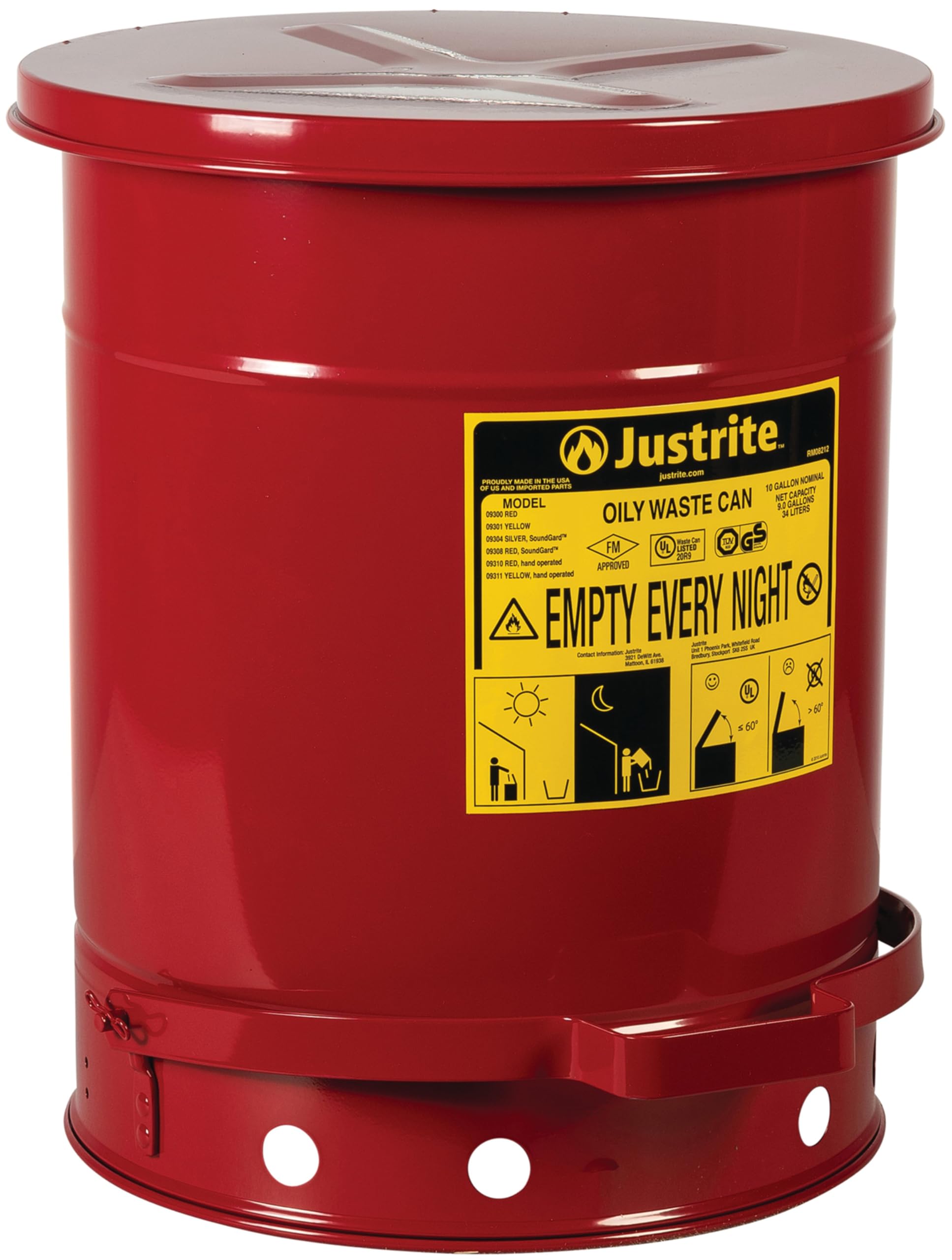 10 Gallon Justrite Galvanized Steel Oily Waste Can, 18" x 14" Metal Oil Rag Safety Can with Quiet Foot Operated Self-Closing Lid for Oil Rag Disposal, Made in The USA, Red, 09308