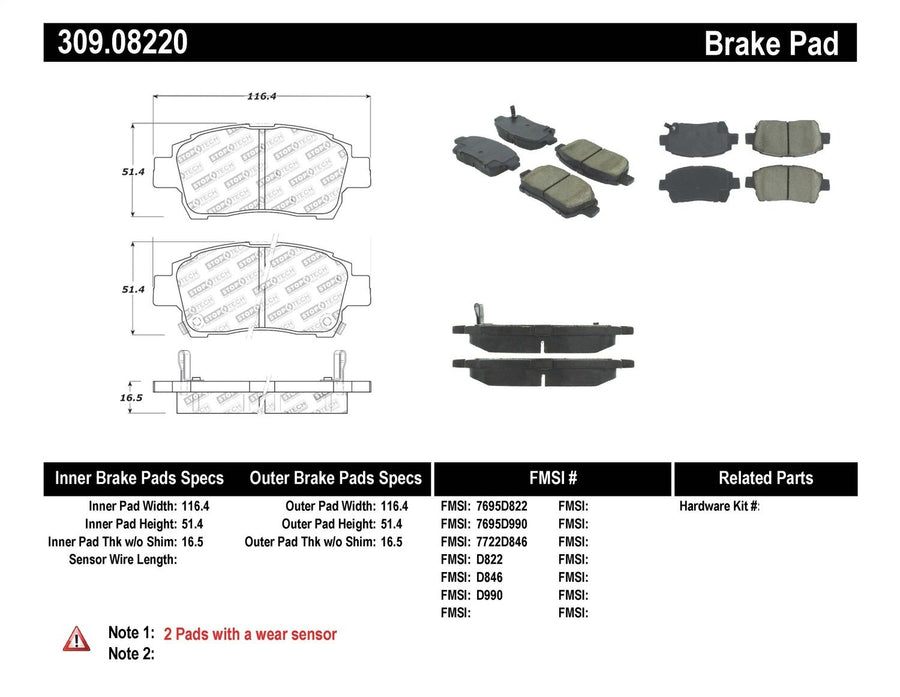Sport Brake Pads StopTech 309.08220 with Shims and Hardware