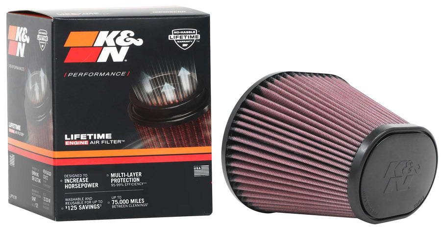 High-Flow K&N Original Lifetime Universal Clamp-On Air Filter: High Performance, Premium, Washable: Flange Diameter: 3.94 In, Filter Height: 5 In, Flange Length: 1.5 In, Shape: Round Tapered, RU-70031