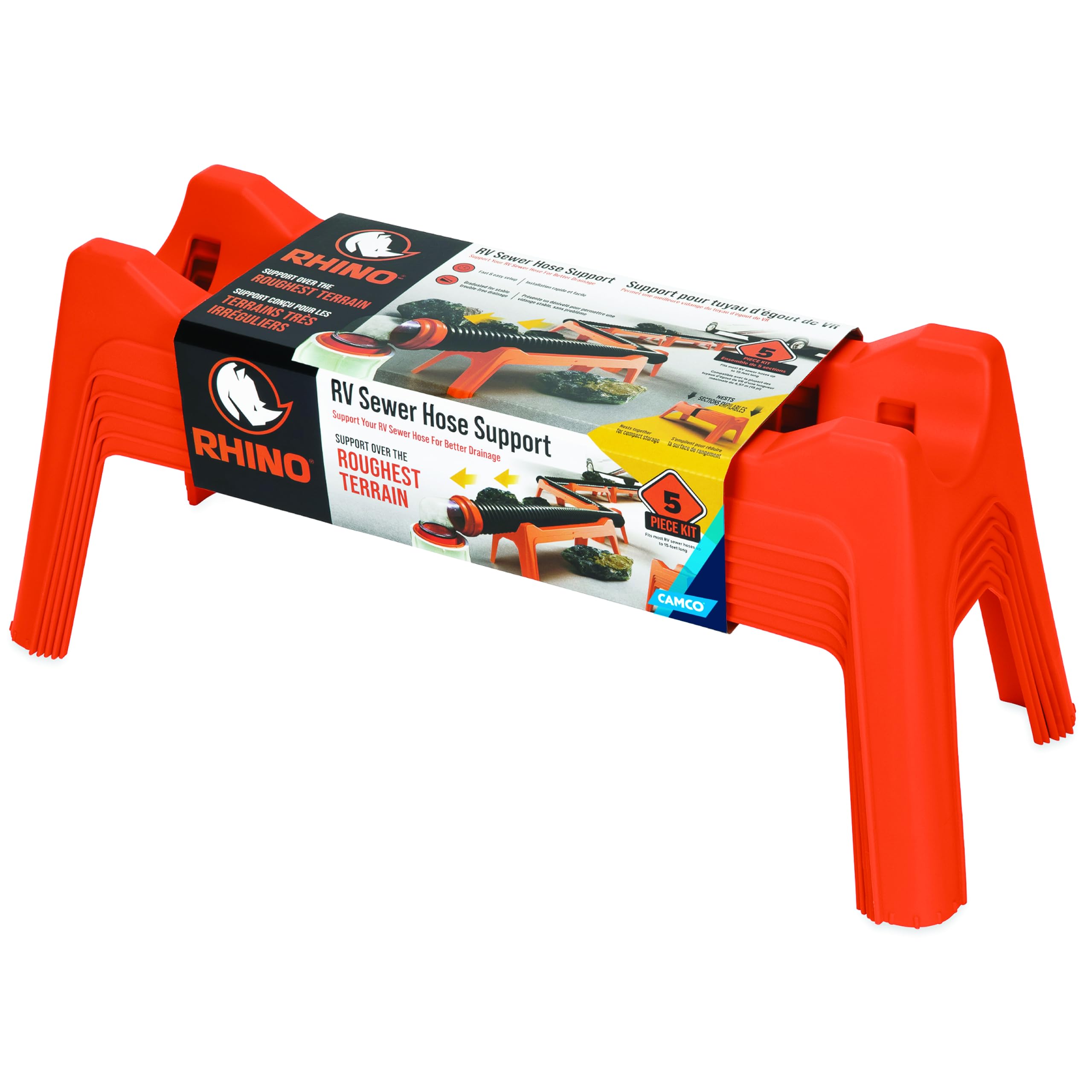 Camco RV Sewer Hose Support Kit - Extends for Easy Drainage Over Uneven Terrain - Supports Up to 15-Feet of RV Sewer Hose - Features Nesting Design for Storage - 5 Support Sections (43072)