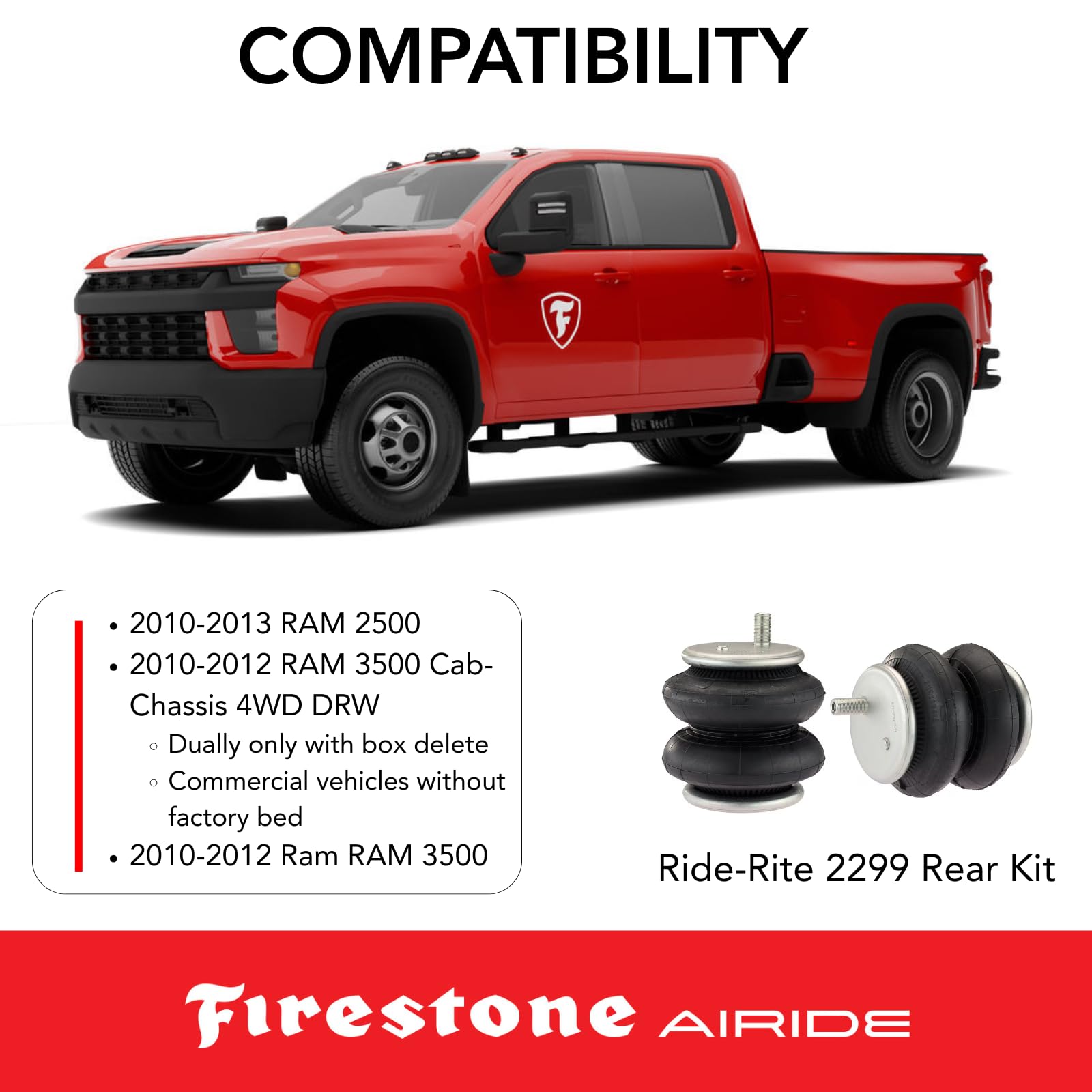 Firestone 2299 Airide Rear Ride-Rite Springs Kit fits 2010-2012 Ram 2500 3500 | 5,000 lbs Load Capacity | No Drill System | Prevents Irreversible Sagging | Easy Installation | 5-100 PSI