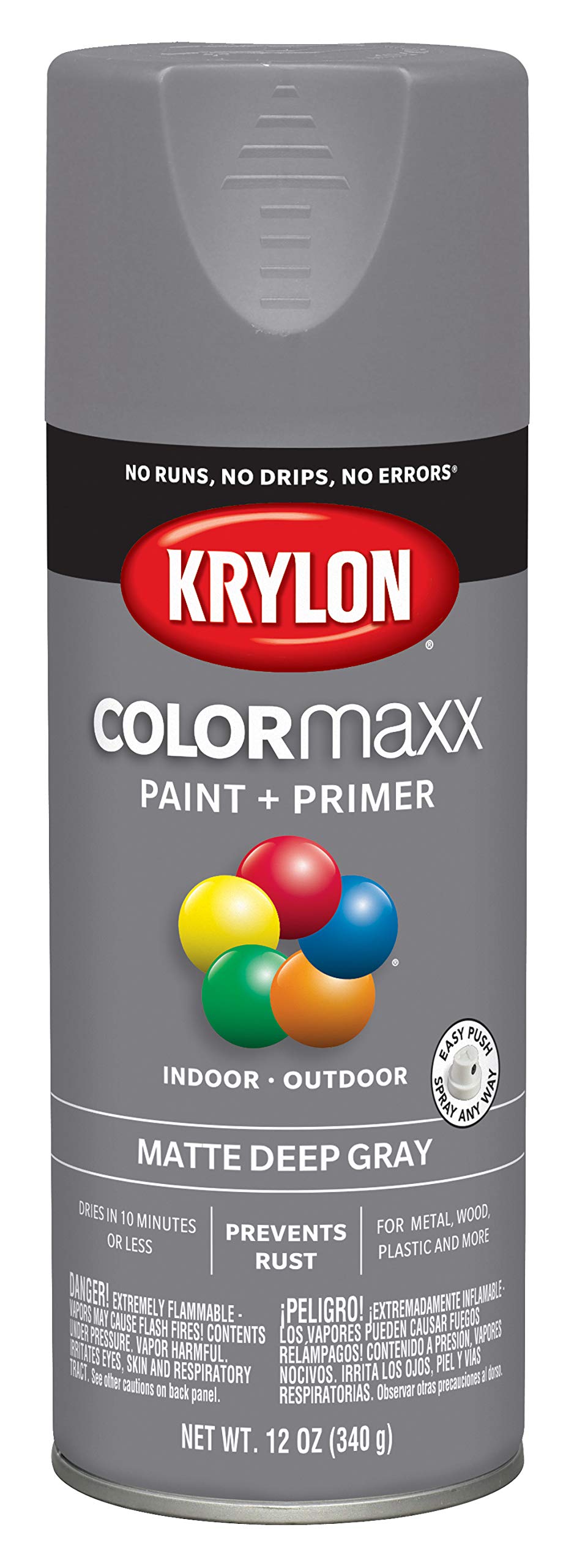 Krylon COLORmaxx K05550007 Spray Paint and Primer for Indoor/Outdoor Use, Matte Deep Gray 12 Ounce (Pack of 1)