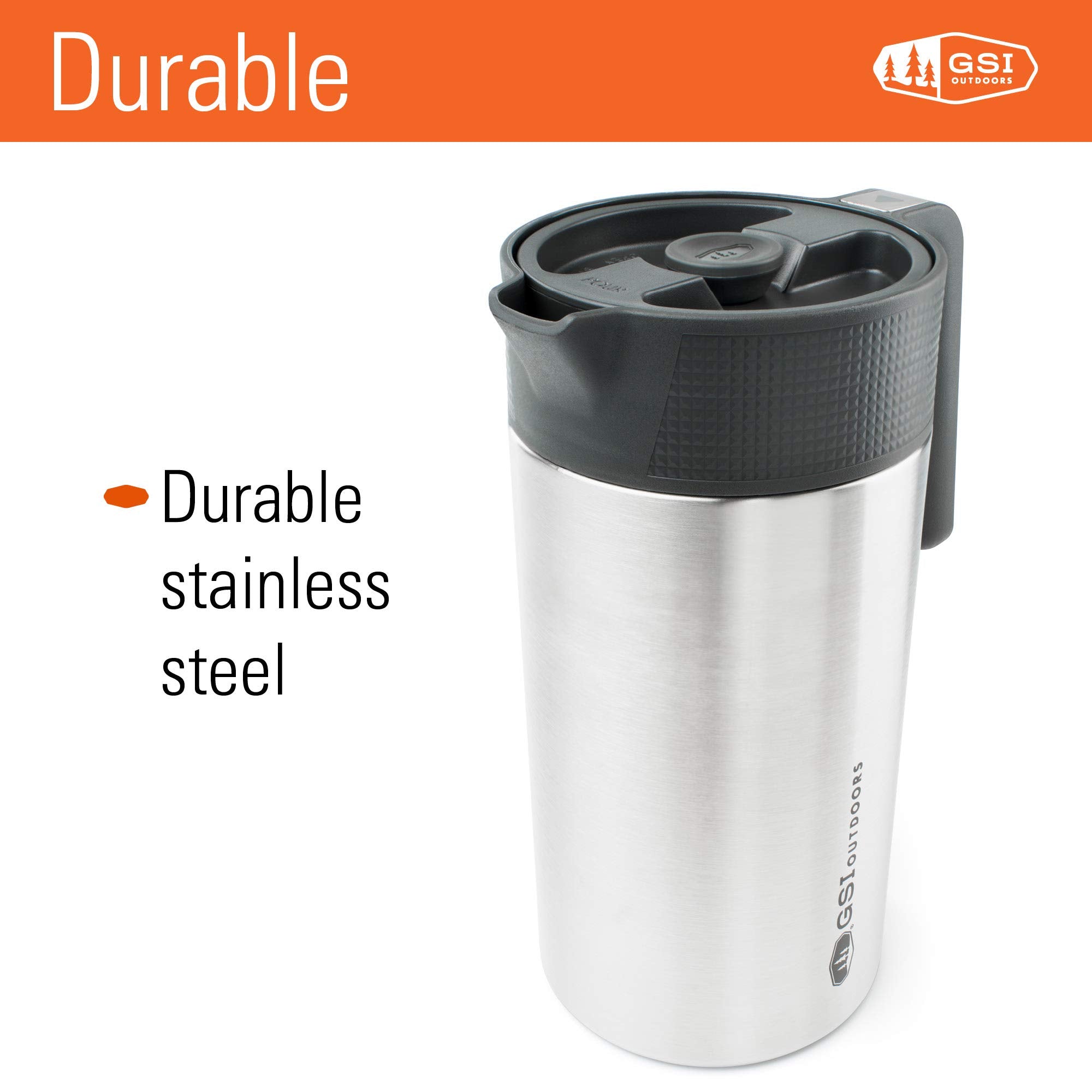 Glacier Stainless GSI Outdoors JavaPress, 30oz French Press Coffee Mug for Camping, Brushed