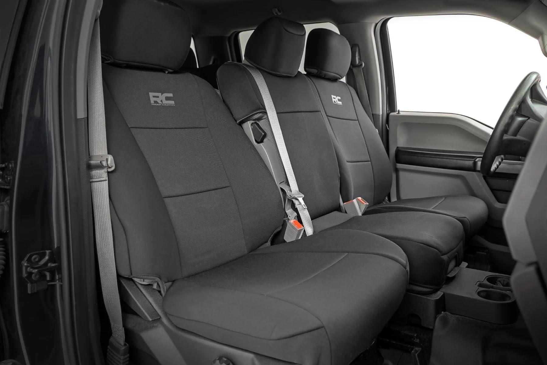Rough Country Neoprene Seat Covers for F-150 (2015-25)/F-150 Lightning (2022-24)/Super Duty (2017-25) w/Bench Seats - UV Resistant & Waterproof, Foam Padded, Front & Rear Set