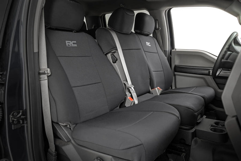Rough Country Neoprene Seat Covers for F-150 (2015-25)/F-150 Lightning (2022-24)/Super Duty (2017-25) w/Bench Seats - UV Resistant & Waterproof, Foam Padded, Front & Rear Set