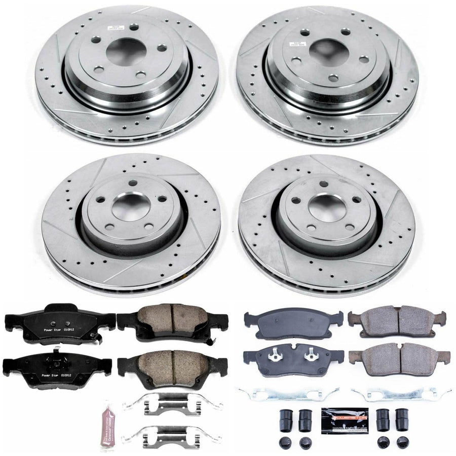 Power Stop K6537 Z23 Carbon Fiber Brake Pads Front and Rear with Drilled and Slotted Brake Rotors Kit For 2012-2020 Durango | 2013-2015 Grand Cherokee [Model Specific]