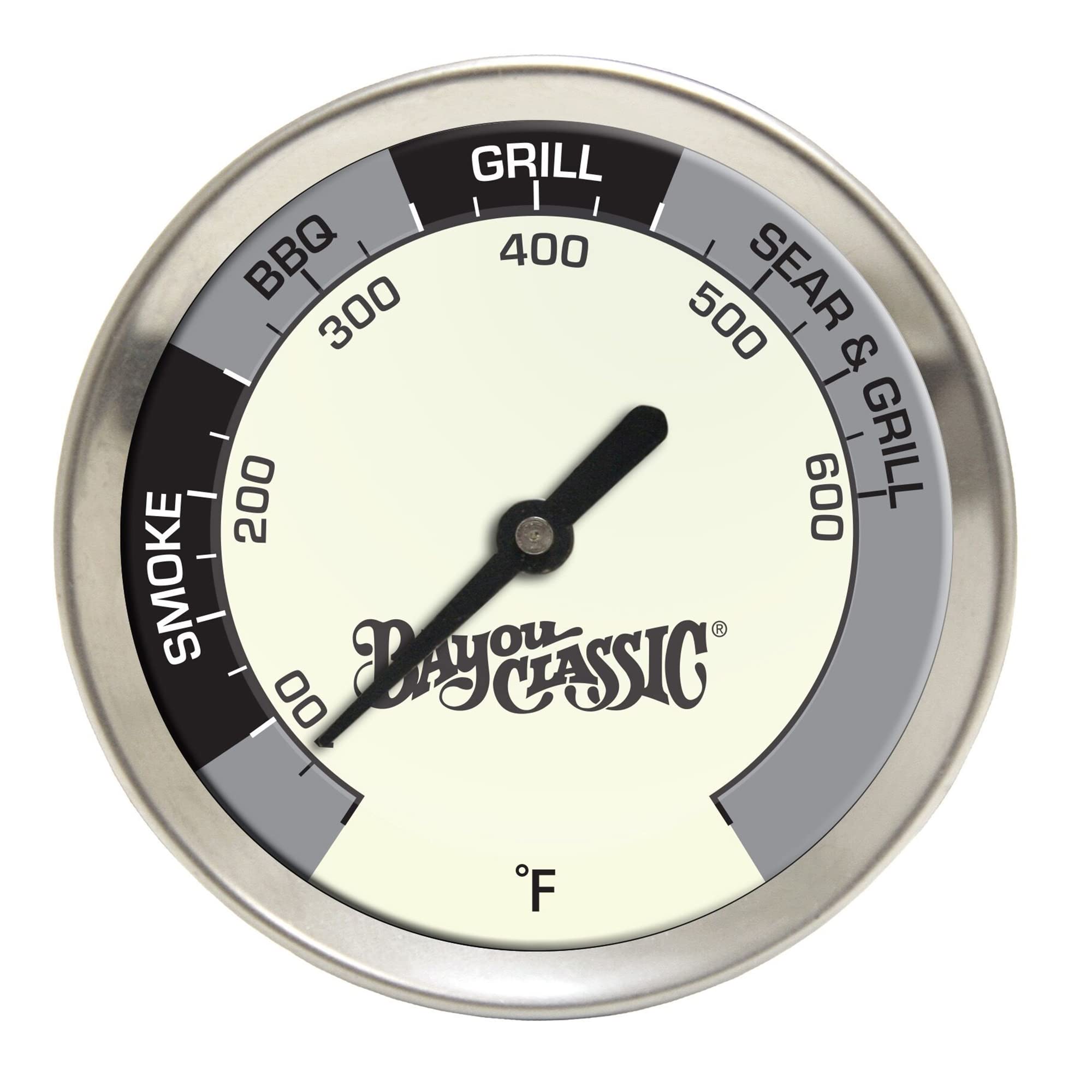 500-580 Bayou Classic Grill Thermometer Features 2.5-in Tempered Glass Dial Face Perfect For Grilling Smoking Barbecuing Searing Fits Most Grills
