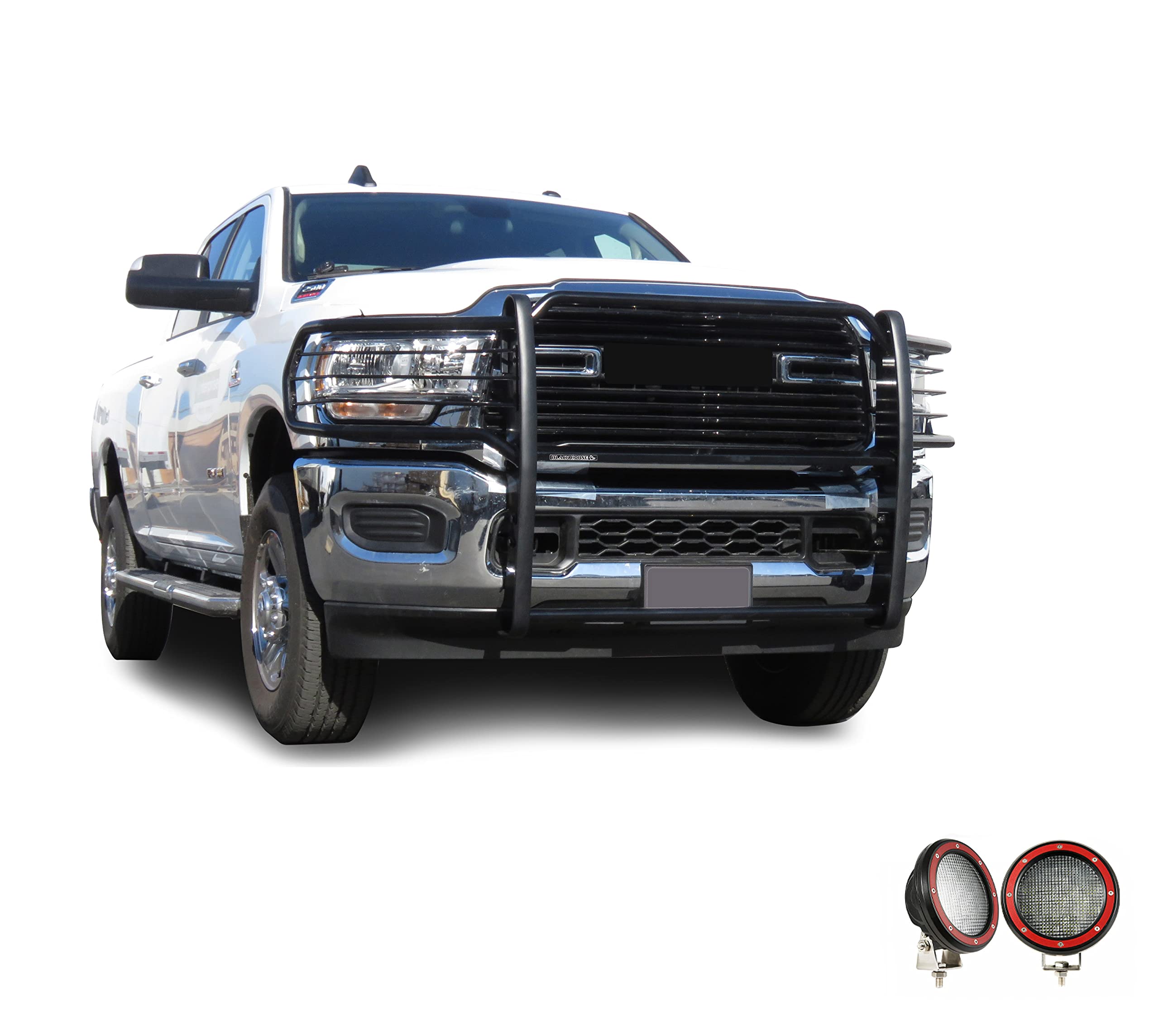 Bumper Guard Black Horse Grille brush Modular Come With Pair of 5.3" Dia.LED Lights with Red Trim Rings Compatible with 2019-2024 Ram 2500|2019-2024 Ram 3500-17DG113MA-PLFR