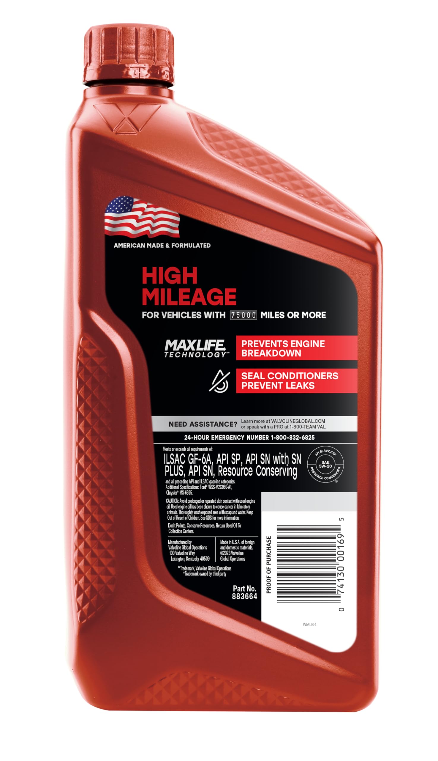High Mileage Valvoline with MaxLife Technology 5W-20 Synthetic Blend Motor Oil 1 Quart (Pack of 6)