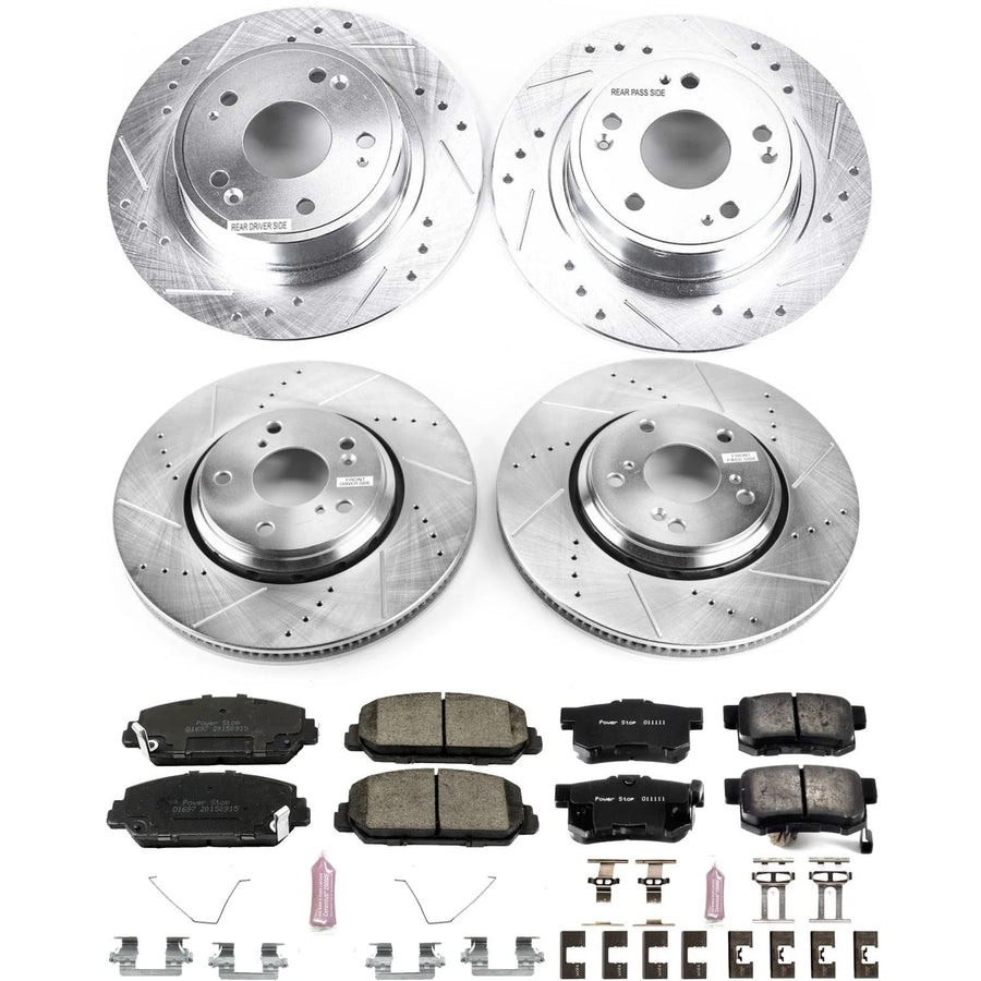 Power Stop K7529 Z23 Carbon Fiber Brake Pads Front and Rear with Drilled & Slotted Brake Rotors Kit For Acura ILX 2017-2022 [Model Specific]