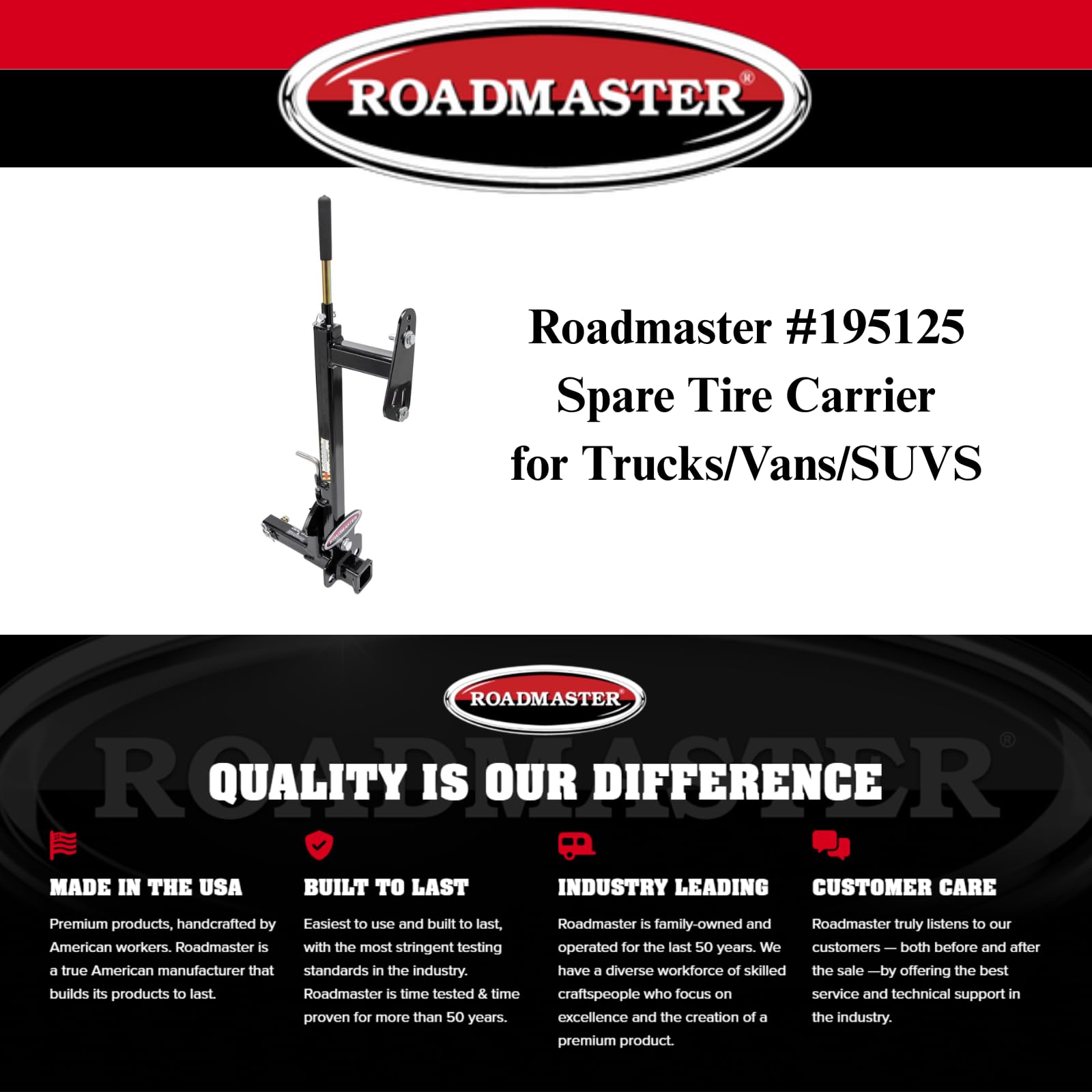 Roadmaster Spare Tire Carrier 195125 with 2" Drop fits Truck/Van/SUV 2" Receiver | Fits Wheels with a Lug Nut Bolt Circle Up to 8" | 6,000 lbs Maximum Capacity