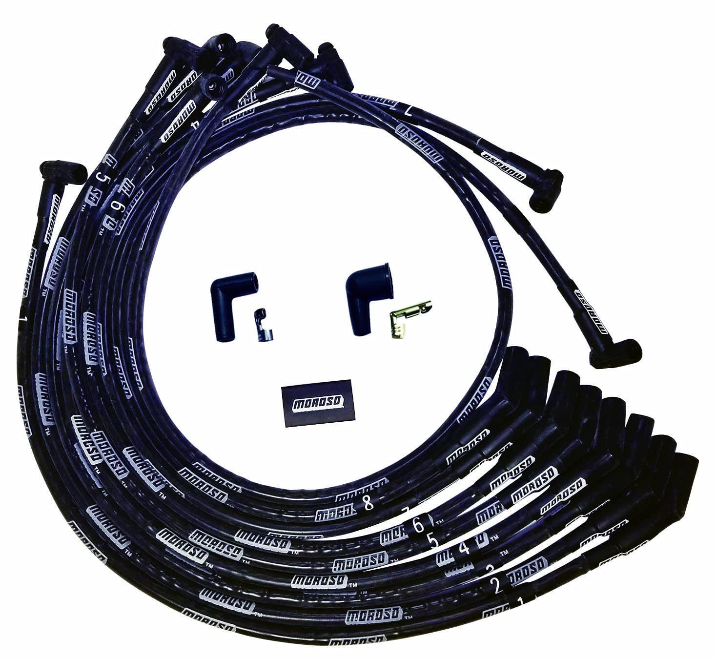 Moroso Ultra Series Black Sleeved Spark Plug Wires, Ford 351W, HEI Distributor, 135 Degree Plug Ends