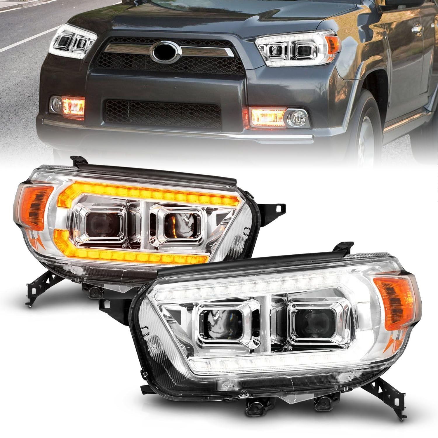 Chrome Projector Headlights Anzo With LED DRL And Sequential Turn Signal