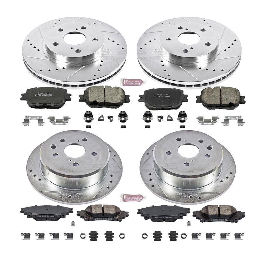 Power Stop K6989 Z23 Carbon Fiber Brake Pads Front and Rear with Drilled & Slotted Brake Rotors Kit For Lexus IS250 2014-2015 [Model Specific]