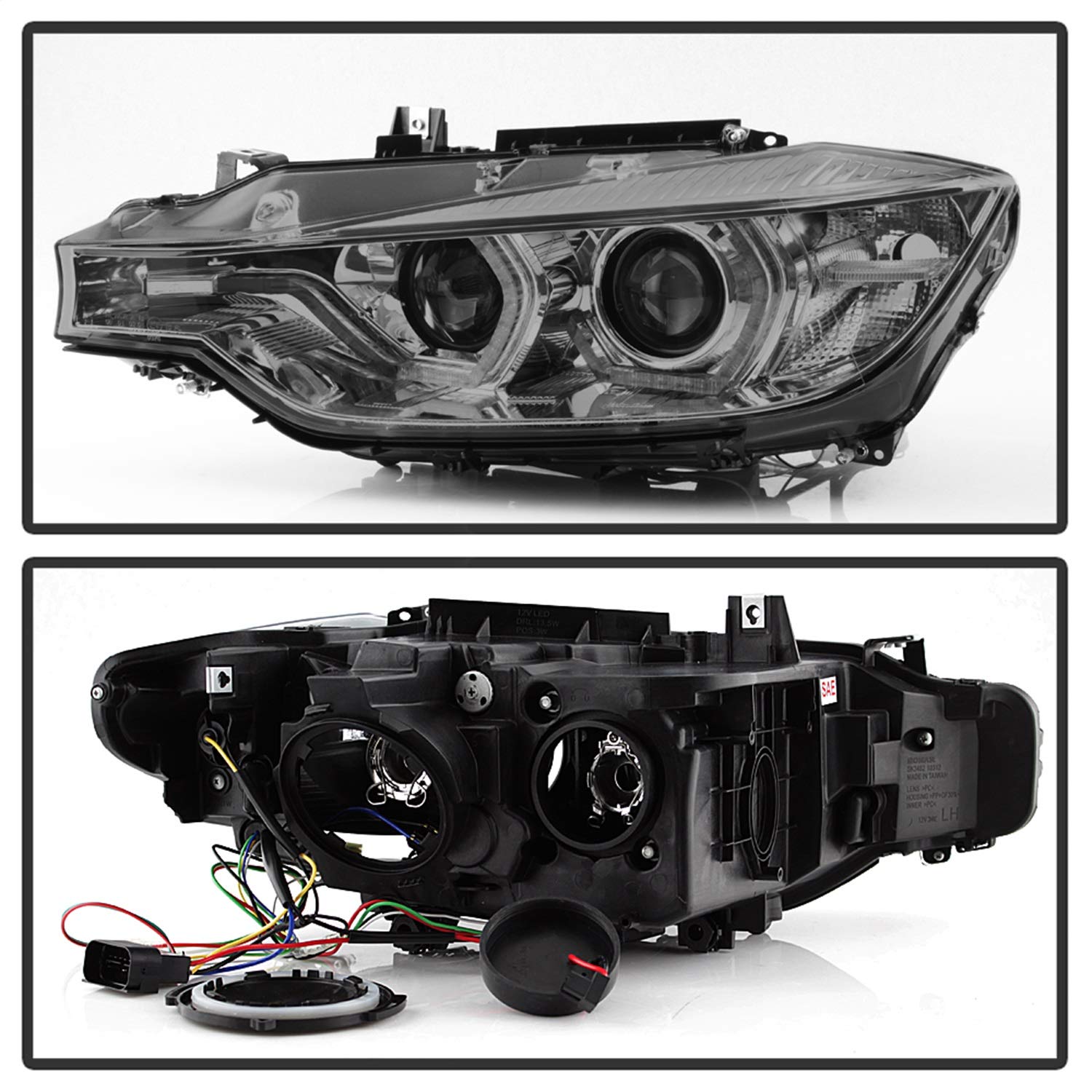 BMW F30 3 Series 2012-2014 Spyder 5084361 4DR Projector Headlights - LED DRL - Smoke