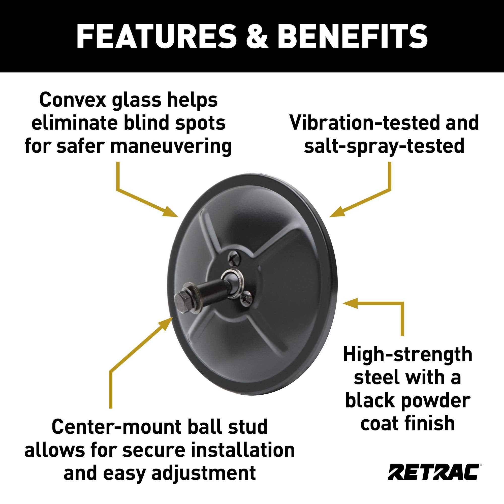 5-Inch Black Steel Center-Mount RETRAC Convex Mirror Head, Universal Driver or Passenger Side