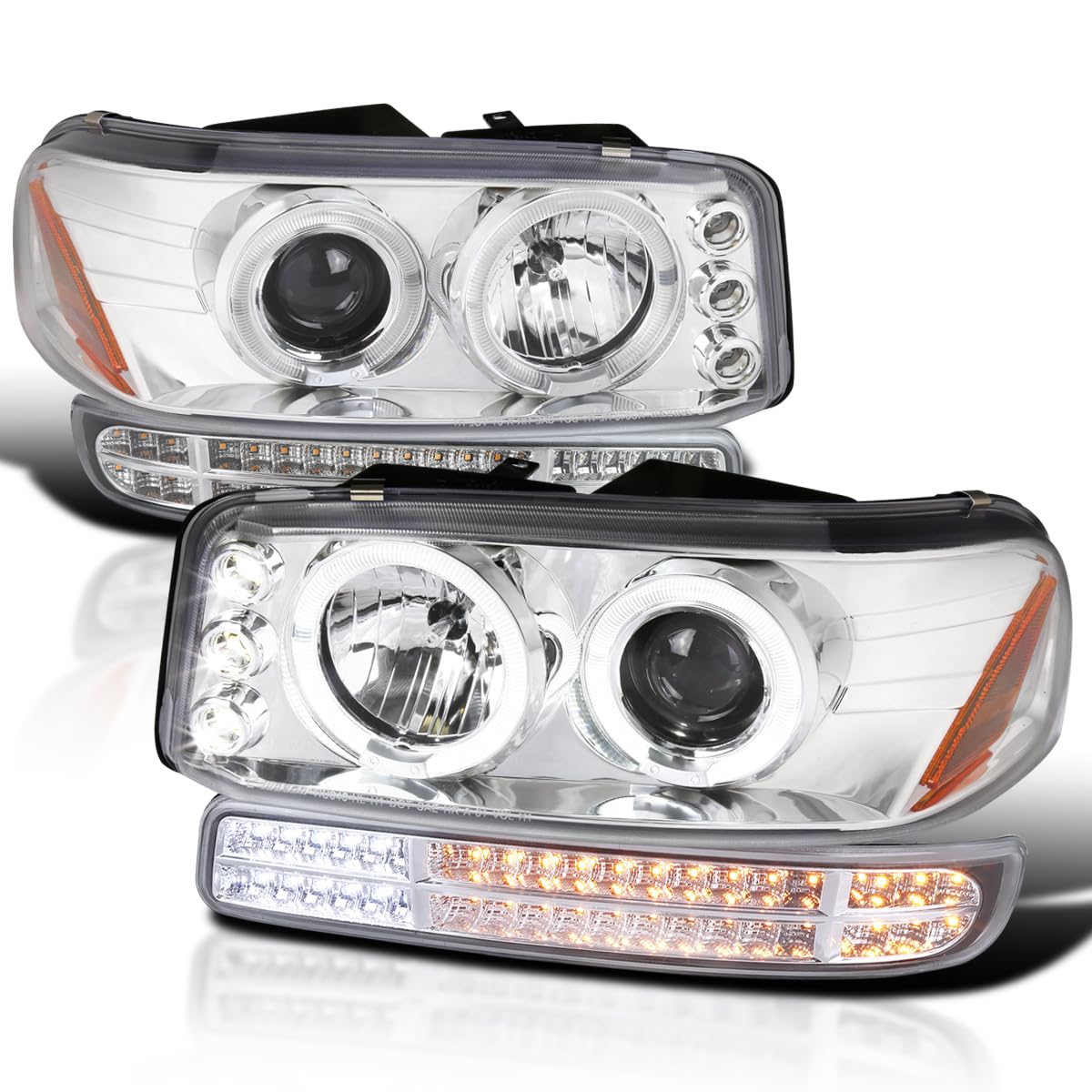 Chrome Projector Headlights Spec-D Tuning + Sequential LED Bumper Light Compatible with 1999-2006 GMC Sierra 1500/2500/3500, Left + Right Pair Headlamps Assembly