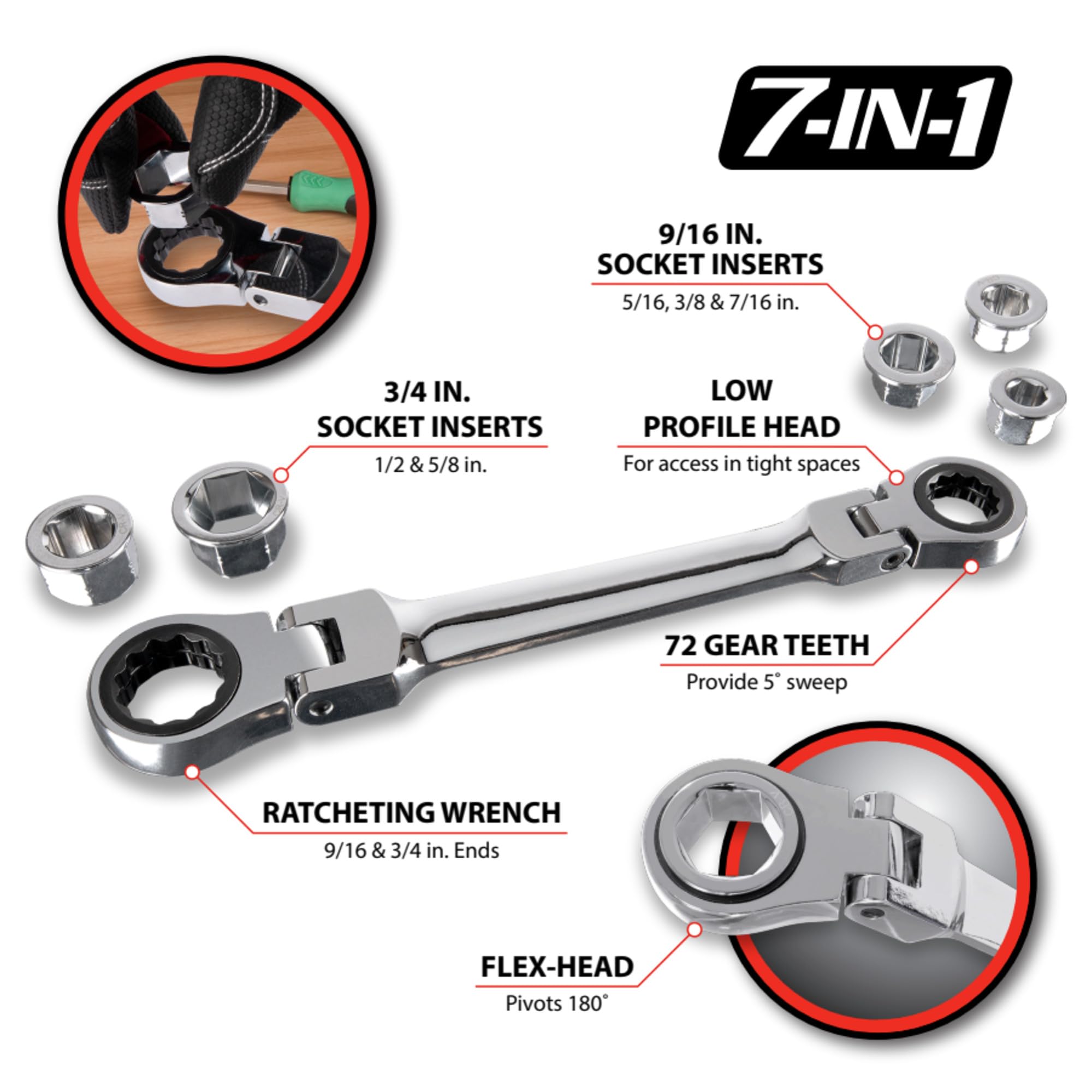 W30648 Performance Tool 7-in-1 Flex-Head Ratcheting Wrench Set - 72 Teeth, Chrome Vanadium Steel, Low Profile, Reusable Case