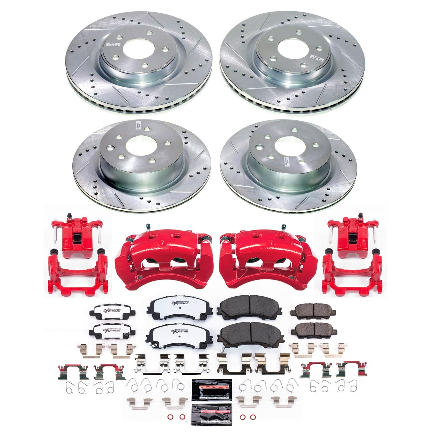 POWERSTOP Z26 Street Warrior Brake Pads and Rotors Kit Front and Rear with Red Powder Coated Calipers For Nissan Z 2023 [Vehicle Specific]