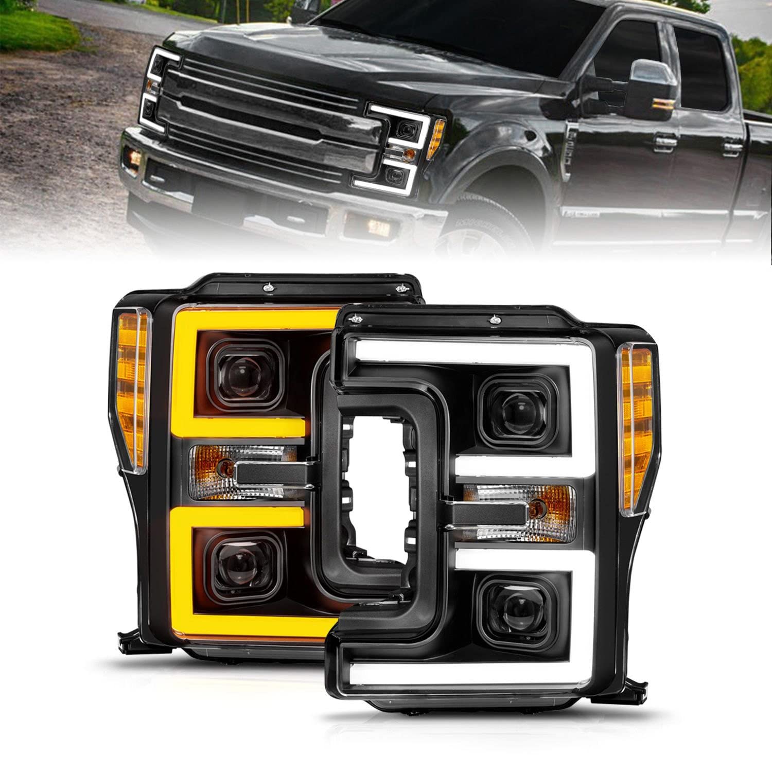 17-19 Ford F-250/350/450 SD ANZO (w/o Factory LED) LED Proj Headlights w/Light Bar Switchback Blk (111577)