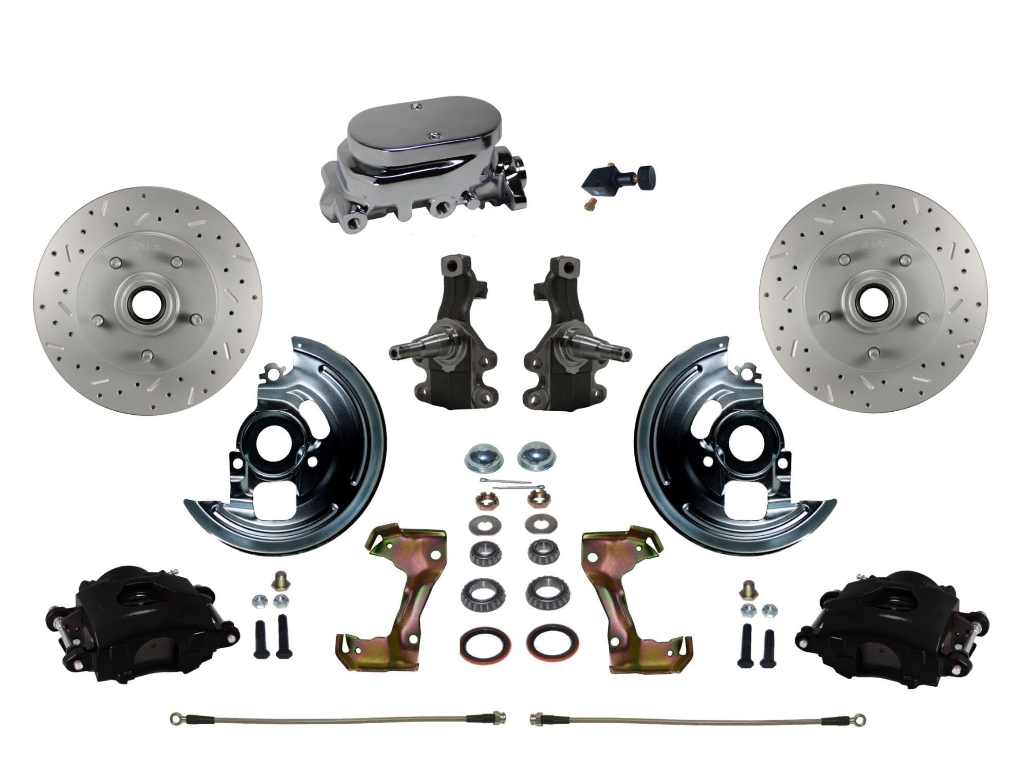 LEED BRAKES Front Disc Brake Kit Manual 2" Drop Spindle Drilled And Slotted Rotors Black Powder Coated Calipers With Chrome M/C Adjustable Proportioning Valve