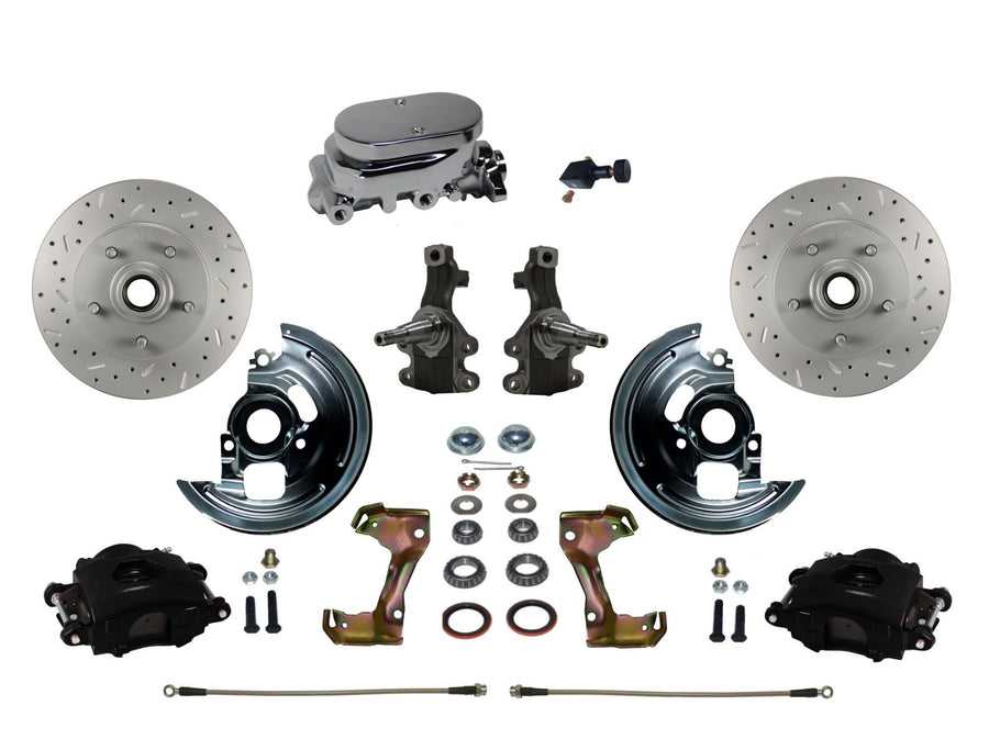 LEED BRAKES Front Disc Brake Kit Manual 2" Drop Spindle Drilled And Slotted Rotors Black Powder Coated Calipers With Chrome M/C Adjustable Proportioning Valve
