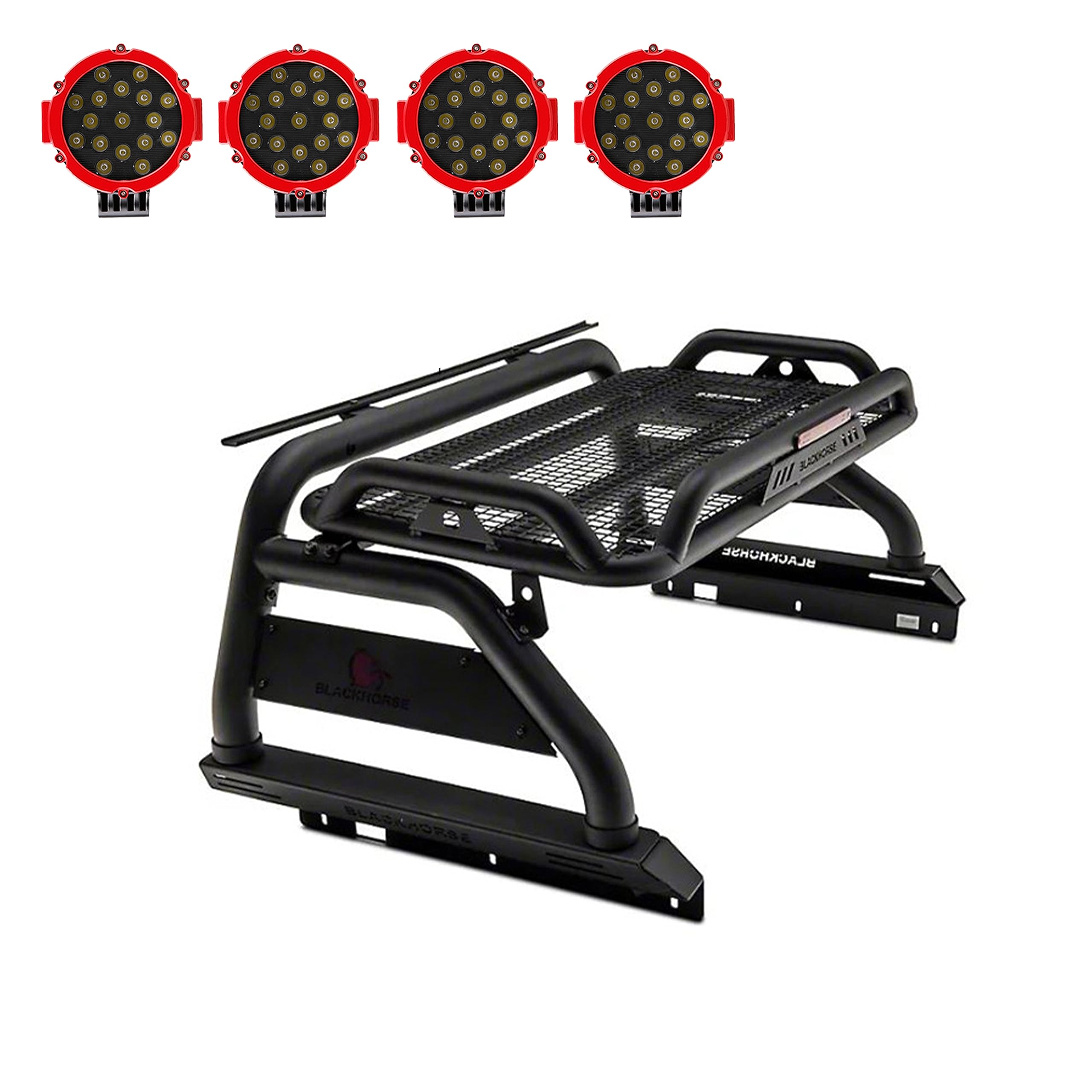 Atlas Black Horse Roll Bar Incl. Pair of 7.0" Dia. Led Lights w/Red Trim Rings Compatible with 2005-2024 Toyota Tacoma-ATRB6BK-PLR