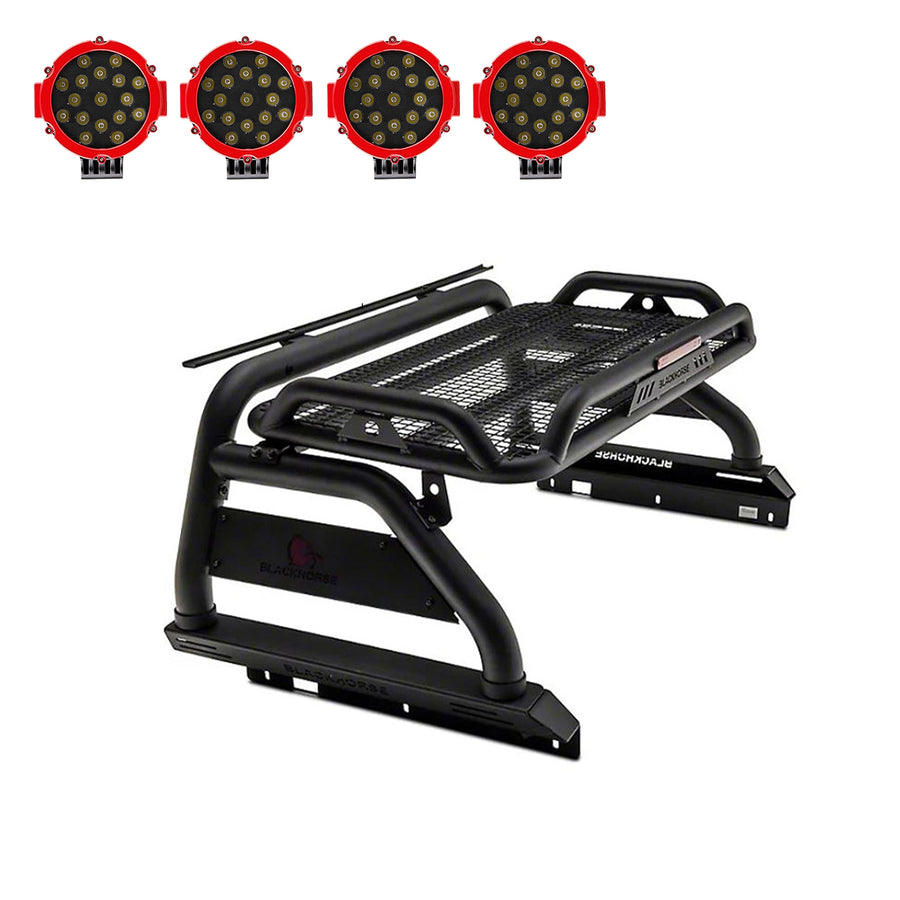 Atlas Roll Bar Black Incl. Pair of 7.0" Dia. Led Lights w/Red Trim Rings Compatible with 2019-2022 Ford Ranger-ATRB8BK-PLR