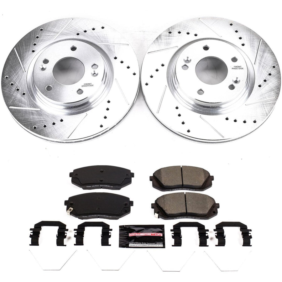 Power Stop K8011 Z23 Carbon Fiber Brake Pads with Drilled & Slotted Brake Rotors Kit For Hyundai Elantra GT, Hyundai Kona, Hyundai Veloster, Kia Forte, Kia Seltos, Kia Soul [Model Specific]