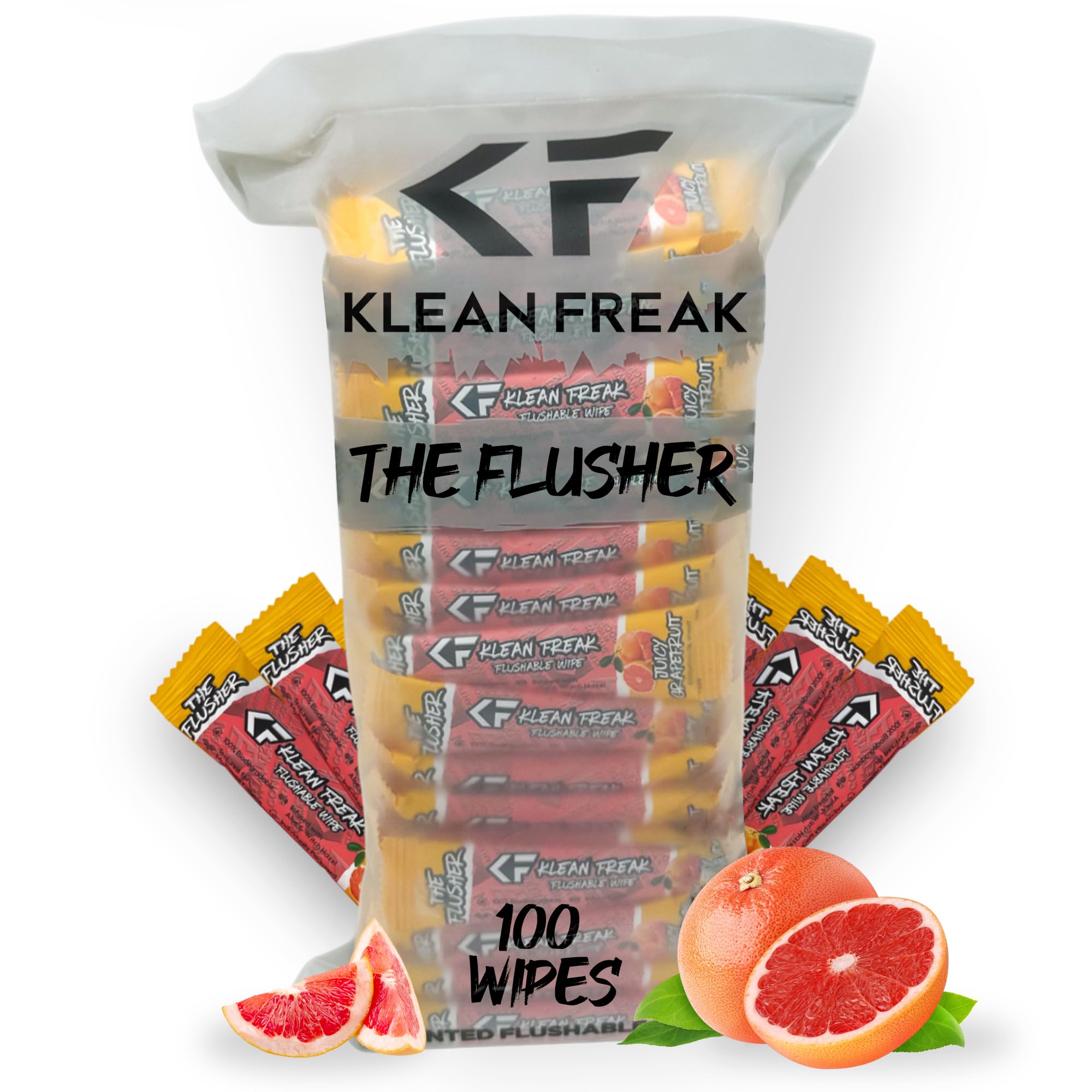 FLUSHABLE WIPES THE KLEAN FREAK FLUSHER - 100 Pack Flushable Wipes For Adults & Kids Unscented/Scented - 100% BIODEGRADABLE Individual Wrapped Travel WET Wipe for Toilet - Juicy Grapefruit