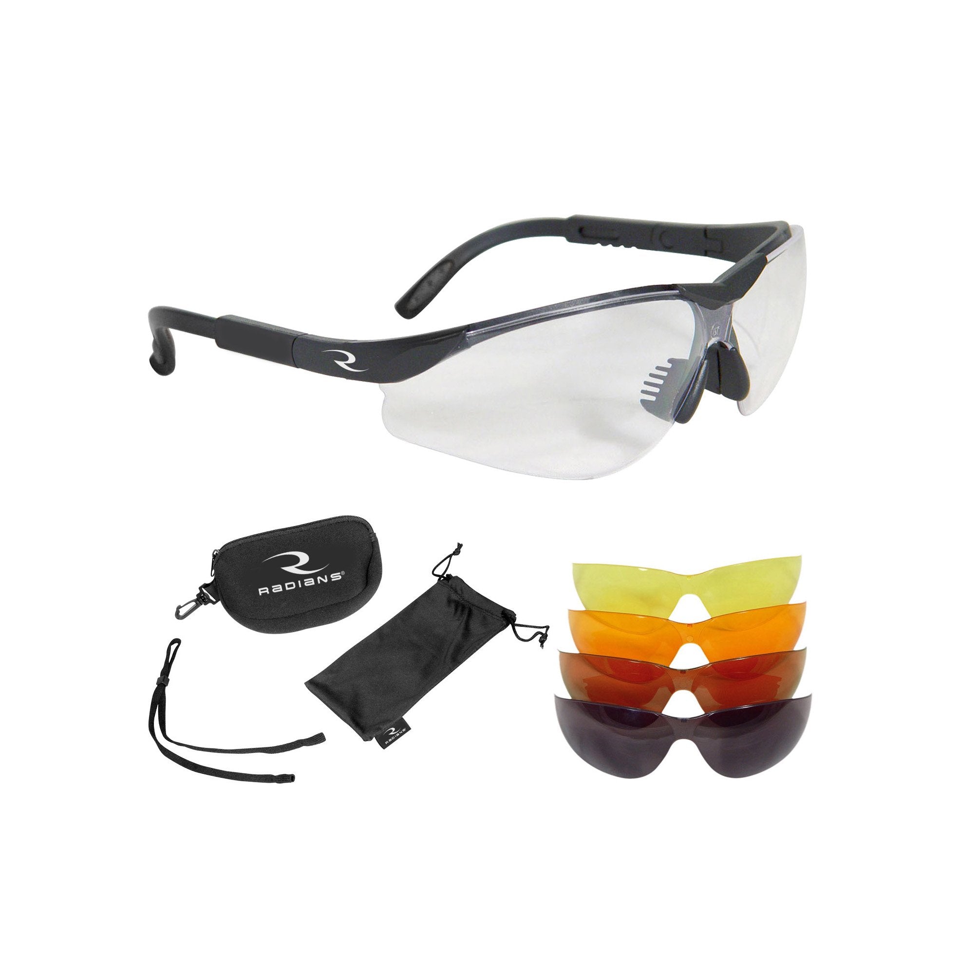 Radians T-85 Glasses with Neck Cord/Cloth Bag/Case,Black Frame,Clear/Copper/Amber/Orange/Green Mirror Lens,T-85,Glasses,Black Frame,Clear,Copper,Amber,Orange,Green Mirror,Neck Cord/Cloth Bag/Case