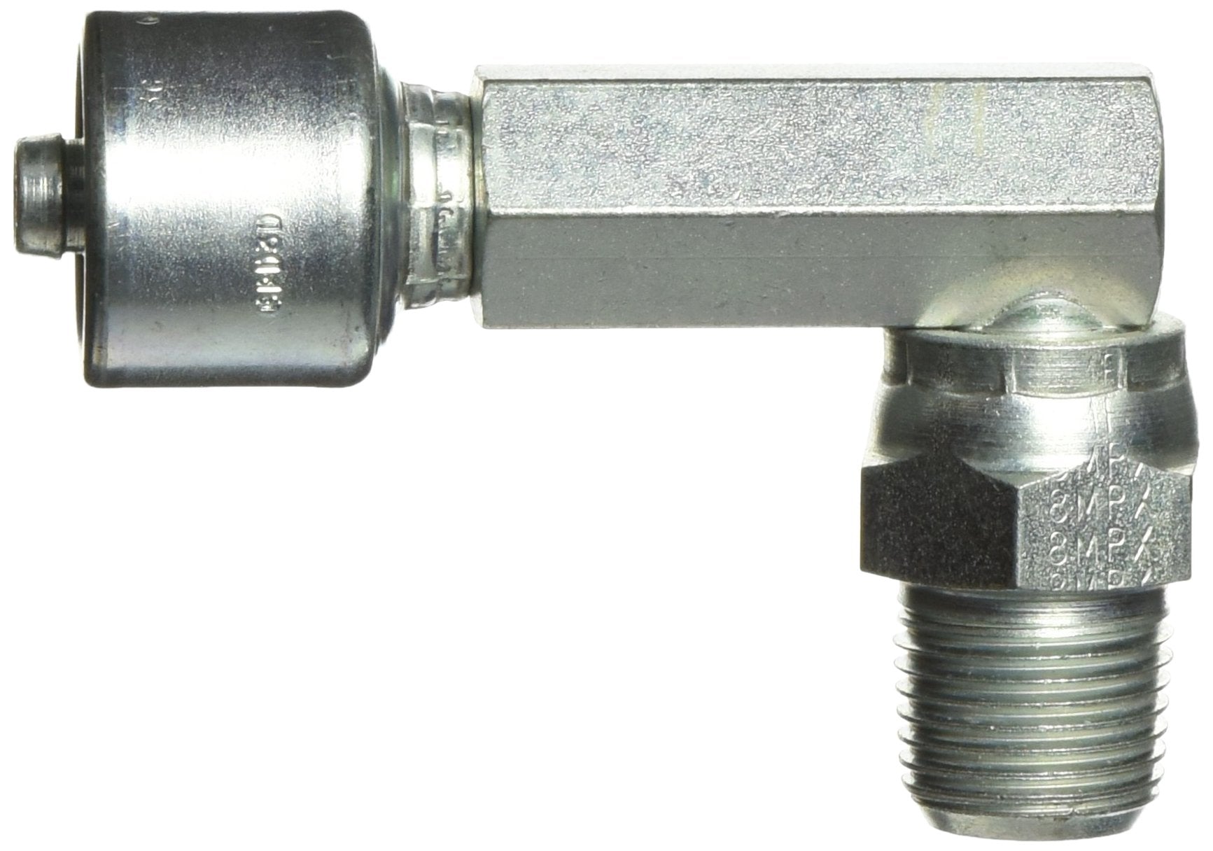 MegaCrimp Couplings Gates 6G-8MPX90L, Male Pipe Swivel, 90 Long Block, NPTF Without 30 Cone Seat, Zinc Plated Carbon Steel, 3.40", 3/8" ID