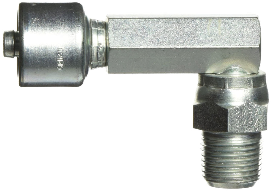 MegaCrimp Couplings Gates 6G-8MPX90L, Male Pipe Swivel, 90 Long Block, NPTF Without 30 Cone Seat, Zinc Plated Carbon Steel, 3.40", 3/8" ID