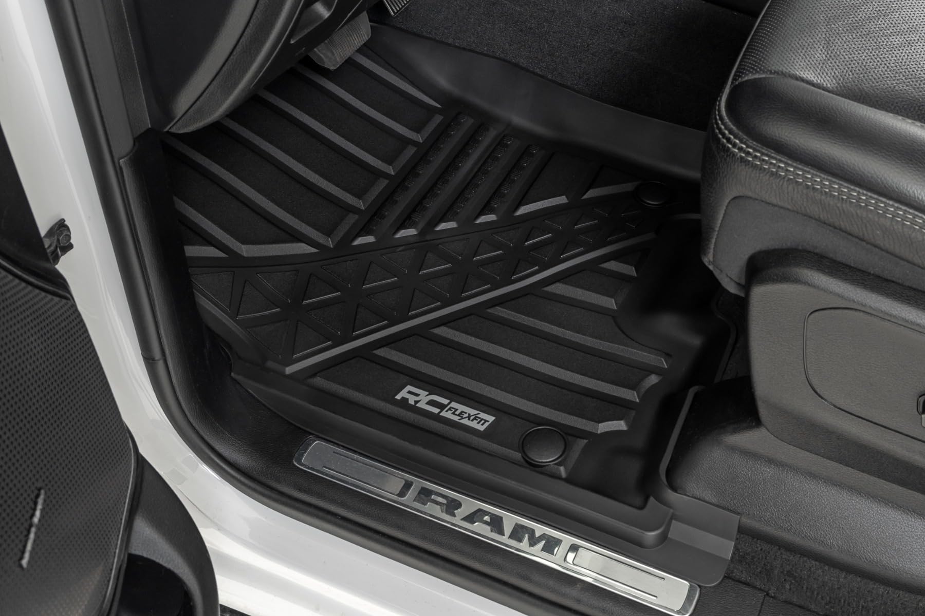 Rough Country Front Flex-Fit Floor Mats for Ram 1500 (2019-2024)/1500 TRX (2021-2024) Crew Cab - Custom All-Weather Non-Slip TPE Liners with Spill Saver Lip