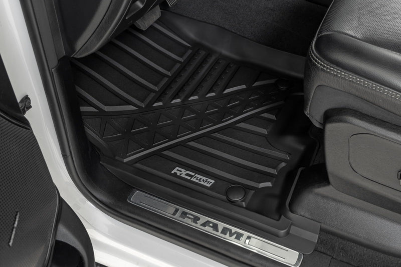 Rough Country Front Flex-Fit Floor Mats for Ram 1500 (2019-2024)/1500 TRX (2021-2024) Crew Cab - Custom All-Weather Non-Slip TPE Liners with Spill Saver Lip