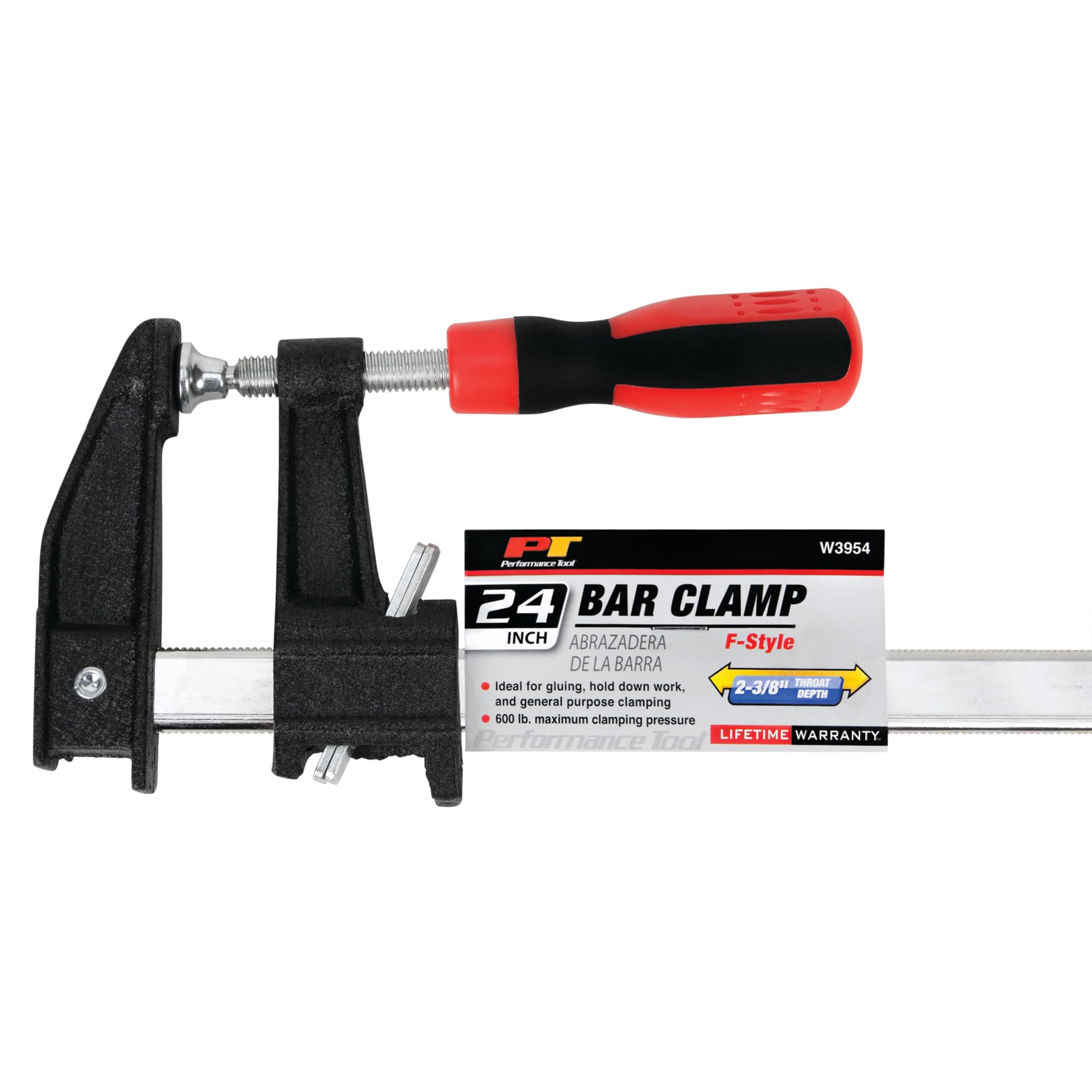 24-Inch Performance Tool W3954 F-Style Bar Clamp with Rubber Comfort Grip Handle, Zinc Finished Rail, and 600 lb Maximum Clamping Pressure