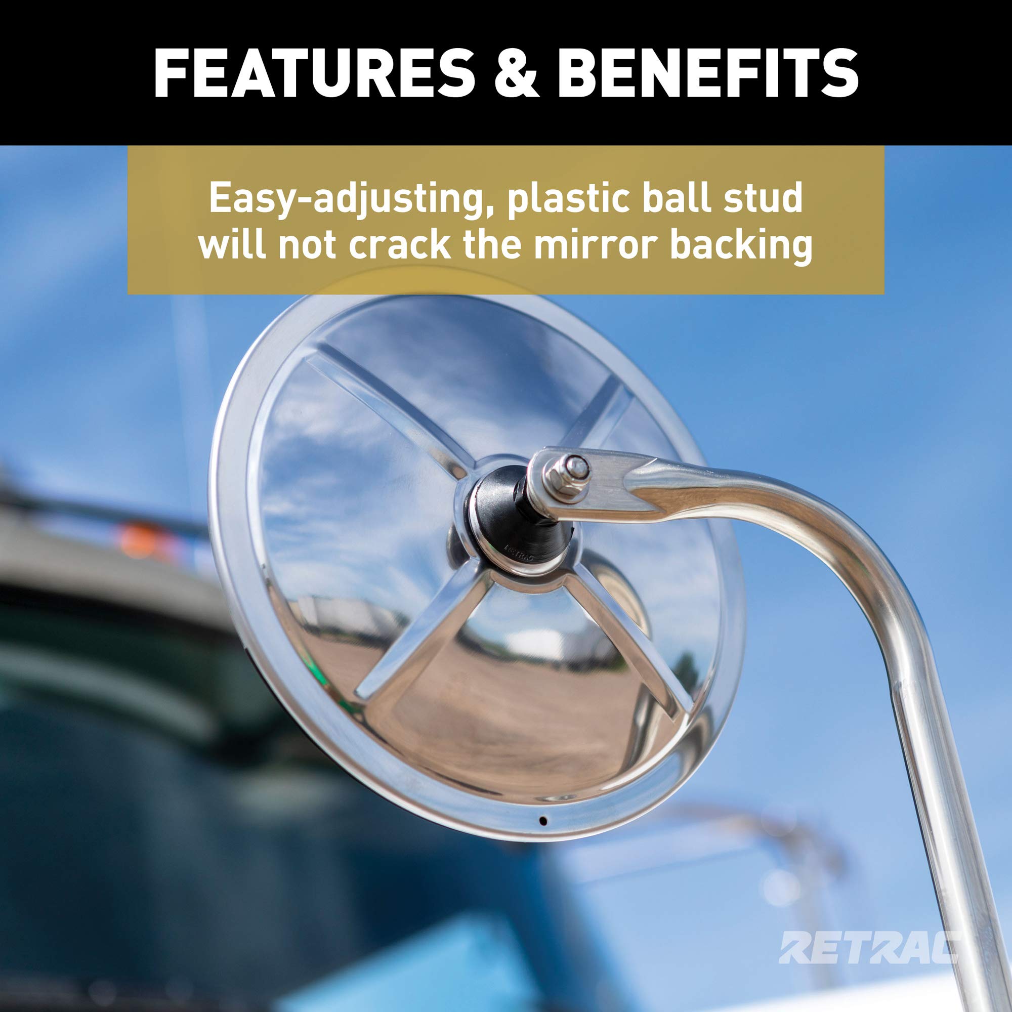 8-Inch RETRAC Stainless Steel Center-Mount Convex Mirror Head with Plastic Ball Stud, Universal Driver or Passenger Side