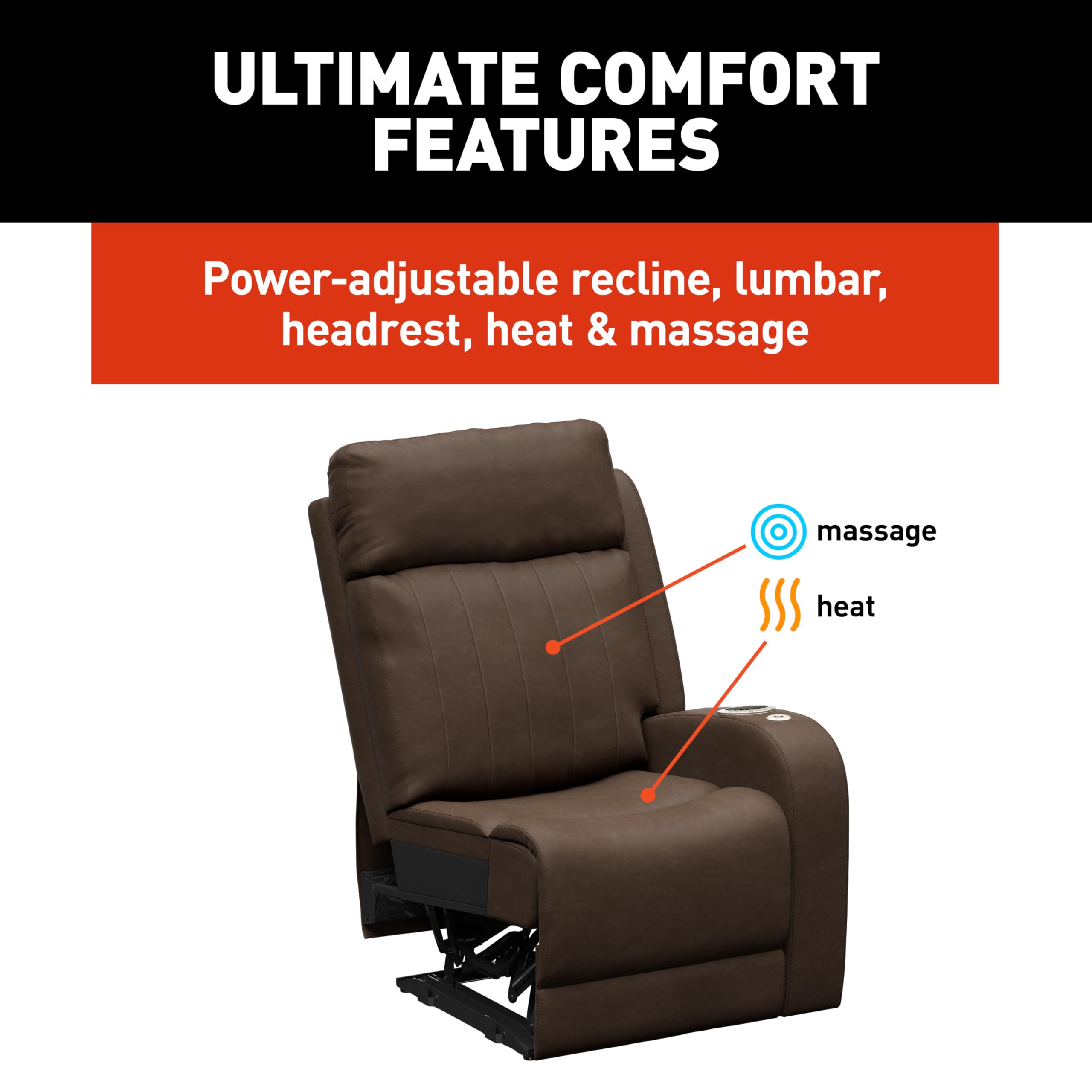 Thomas Payne Seismic Series Signature Satula RV Theater Seating Left Arm Recliner with Power Adjustable Lumbar, Headrest, Reclining, Heating, Massage, Integrated Cupholder Controls - 2024044193