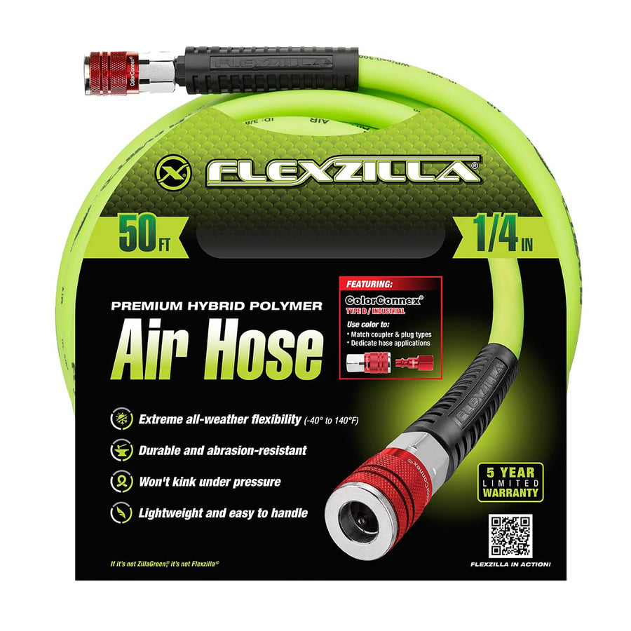 Air Hose Flexzilla with ColorConnex Industrial Type D Coupler and Plug, 1/4 in. x 50 ft., Heavy Duty, Lightweight, Hybrid, ZillaGreen - HFZ1450YW2-D