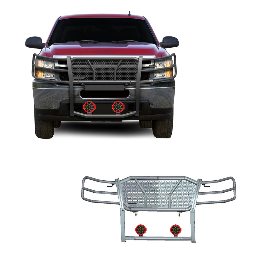 Heavy Duty Black Horse Rugged Grille Brush Bumper Guard Modular Black Come with Pair of 7.0" Dia.LED Lights with Red Trim Rings Compatible with 2007-2013 Chevrolet Silverado 1500-RU-CHSI07-B-PLR