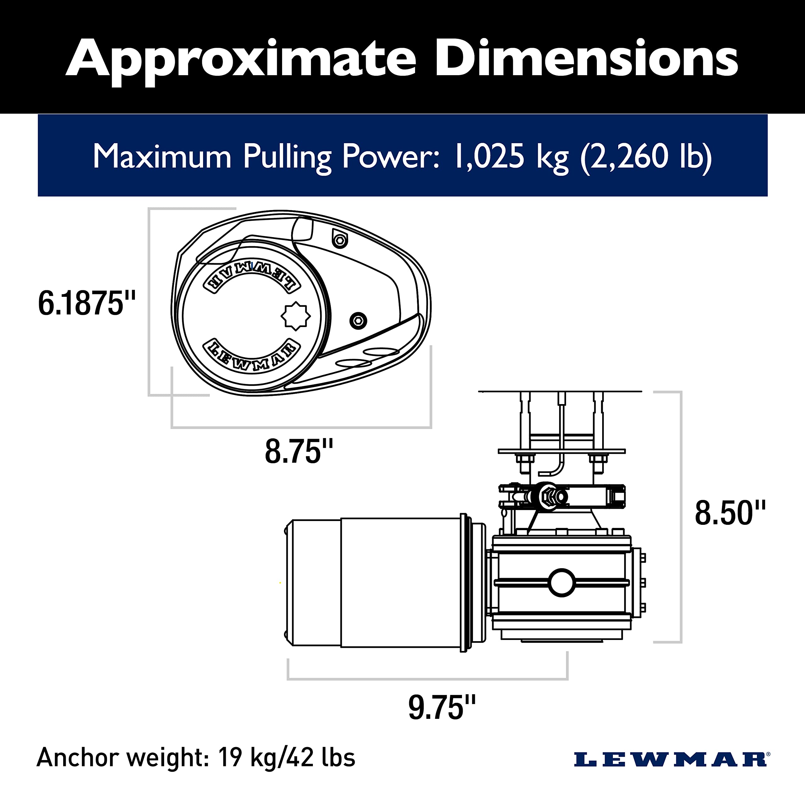 Lewmar 12V/1,000-Watt V3 Drum Gypsy for Electric Power/Sailboats 40'-50' with Stainless Steel FastFit, Fits 5/16" G4 Chain, Max Pull 2,260 lbs. - 2020201245