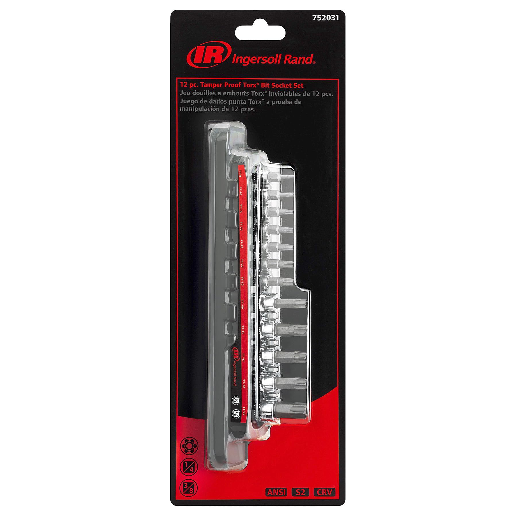12-Piece Ingersoll Rand Tamper-Proof Torx Bit Socket Set – 1/4" Drive (TT8–TT30) & 3/8" Drive (TT40–TT55), Industrial-Grade S2 Steel, Mirror-Polished Chrome Vanadium Sockets, Thermoform Tray – 752031