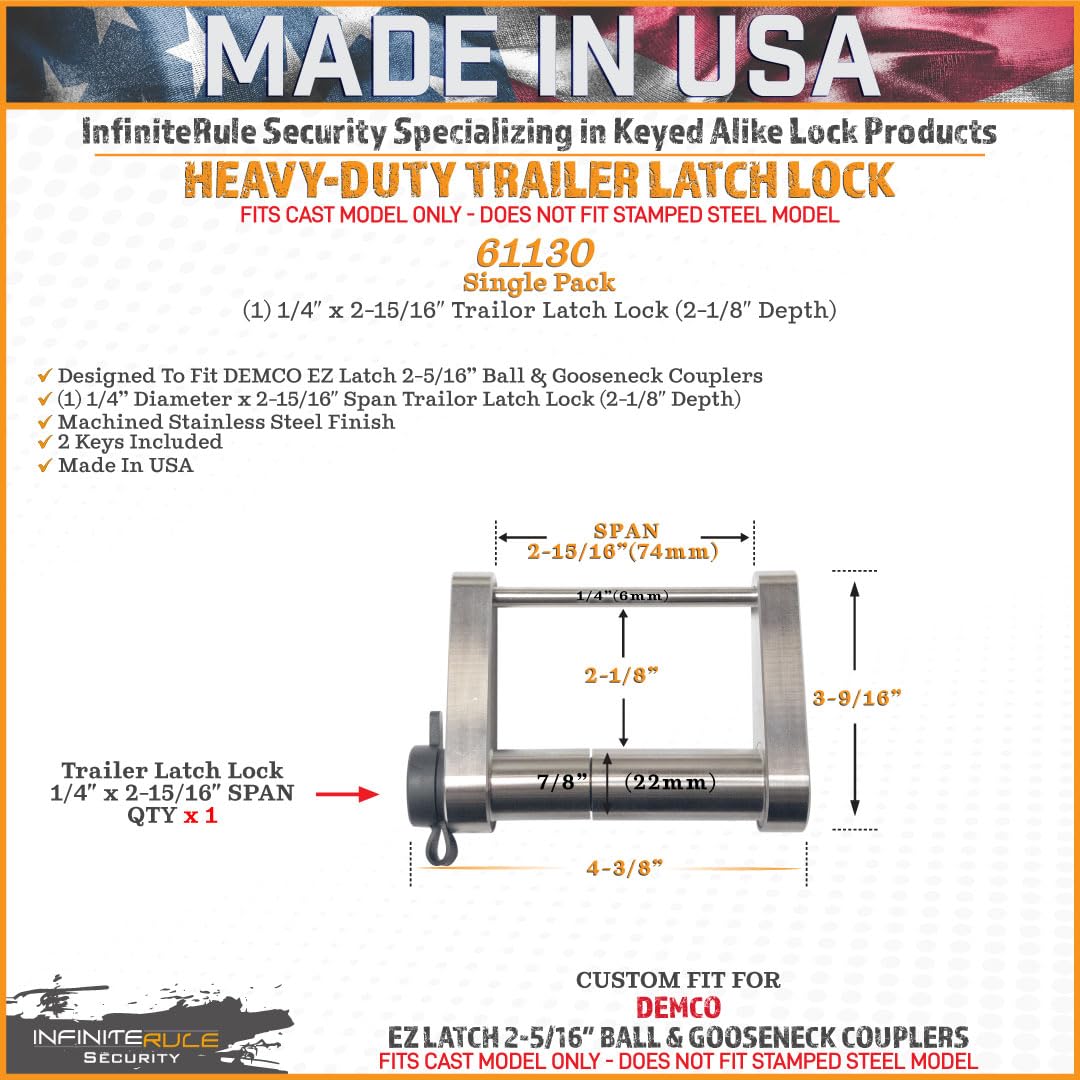 Trailer Latch Lock InfiniteRule Security 61130 for DEMCO EZ Latch 2-5/16" Ball & Gooseneck Couplers - Fits Cast Model Only - Does NOT FIT Stamped Model, American Made in USA