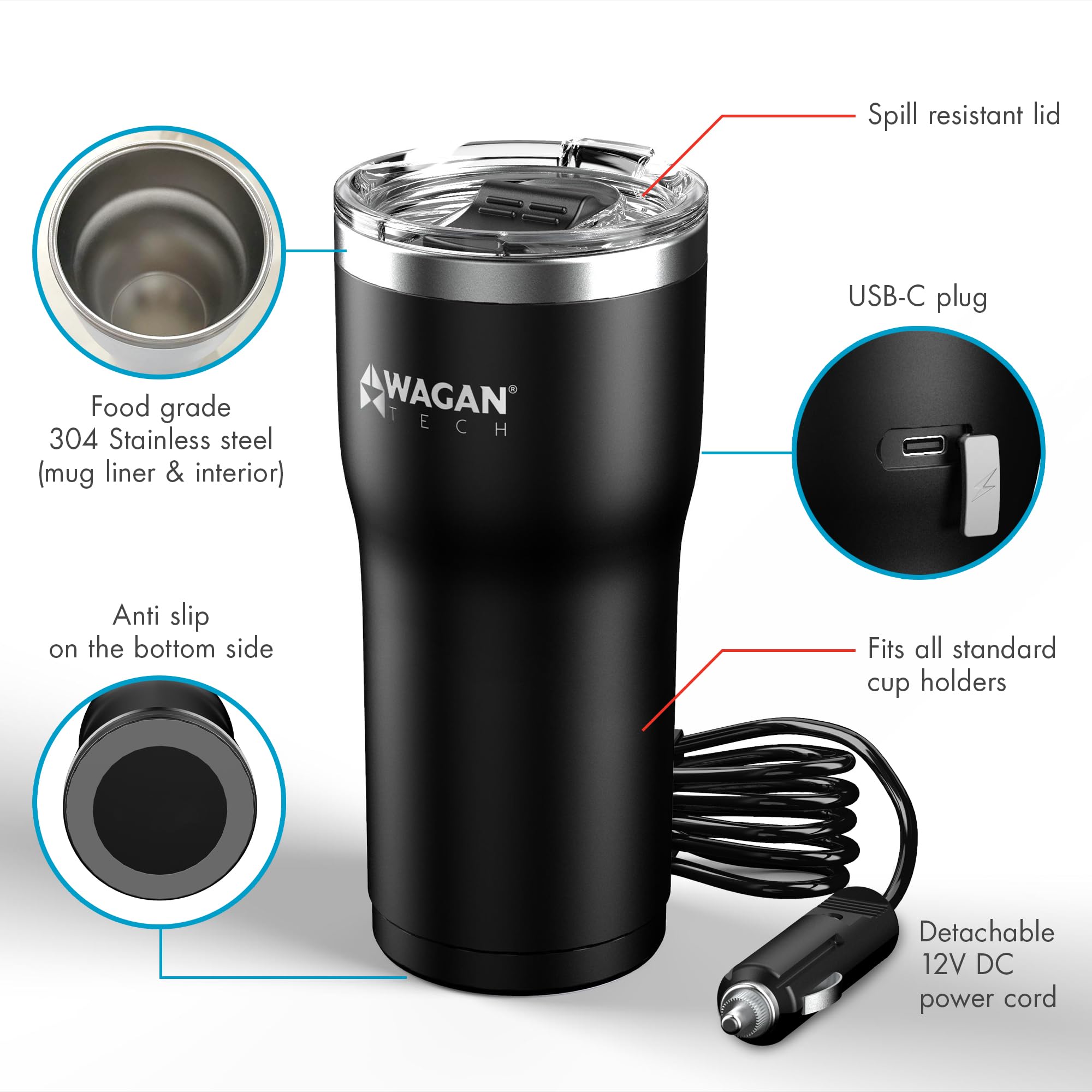Wagan 12V Travel Car Heated Mug Portable 16oz Stainless Steel Anti-Spill Lid Slip Resistant Base Car Coffee Warmer Coffee Cup USB–C PD20W 12V DC (Black)